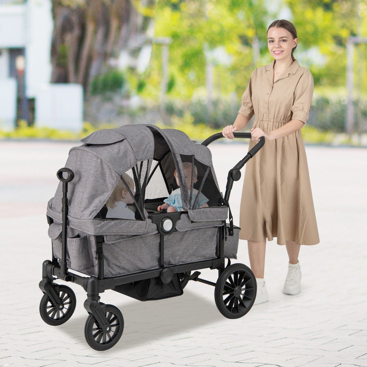 2 in 1 Klappbare Geschwisterwagen mit Verstellbarem Griff & Abnehmbarem Verdeck Grau