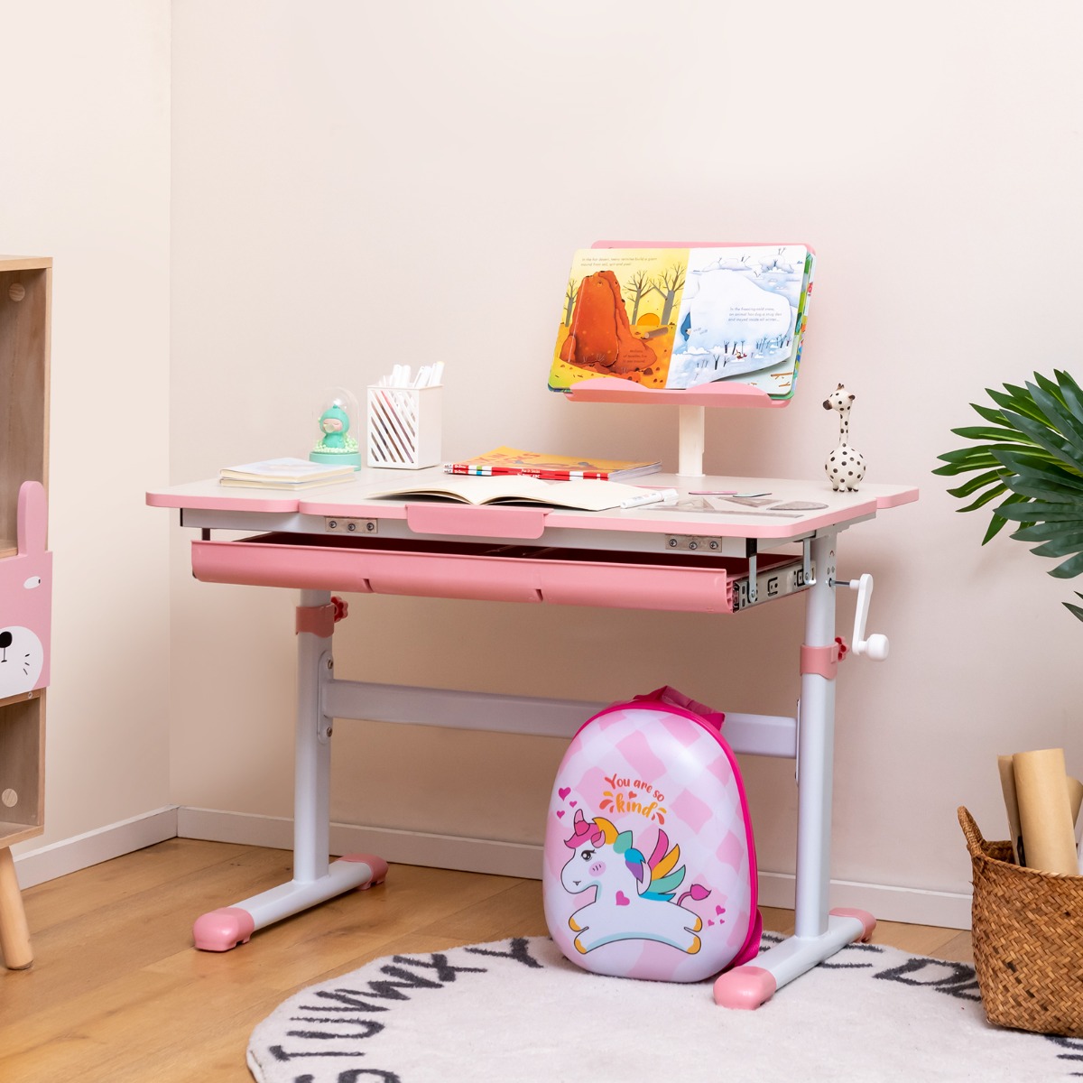 Kinderschreibtisch höhenverstellbar Schülerschreibtisch mit neigbarer Tischplatte (Rosa Tisch)