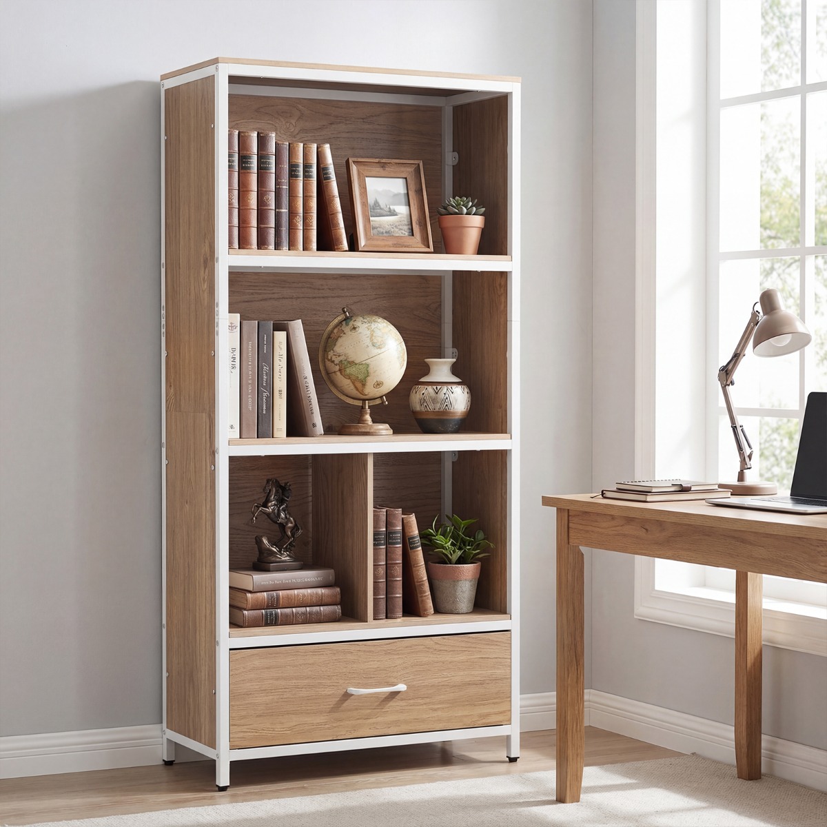 4-stöckiges Bücherregal mit Offenen Fächern & StoffSchublade Standregal Bücherschrank Natur