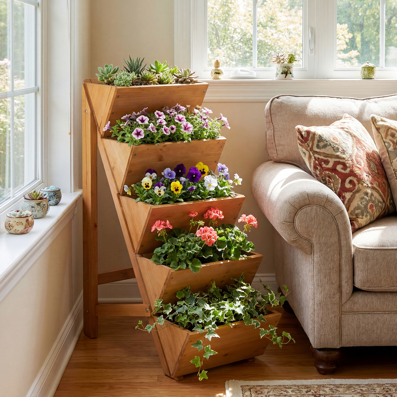 Vertikales Hochbeet mit 5 Etagen aus Tannenholz Blumenbeet mit Pflanzkästen Blumentreppe Orange