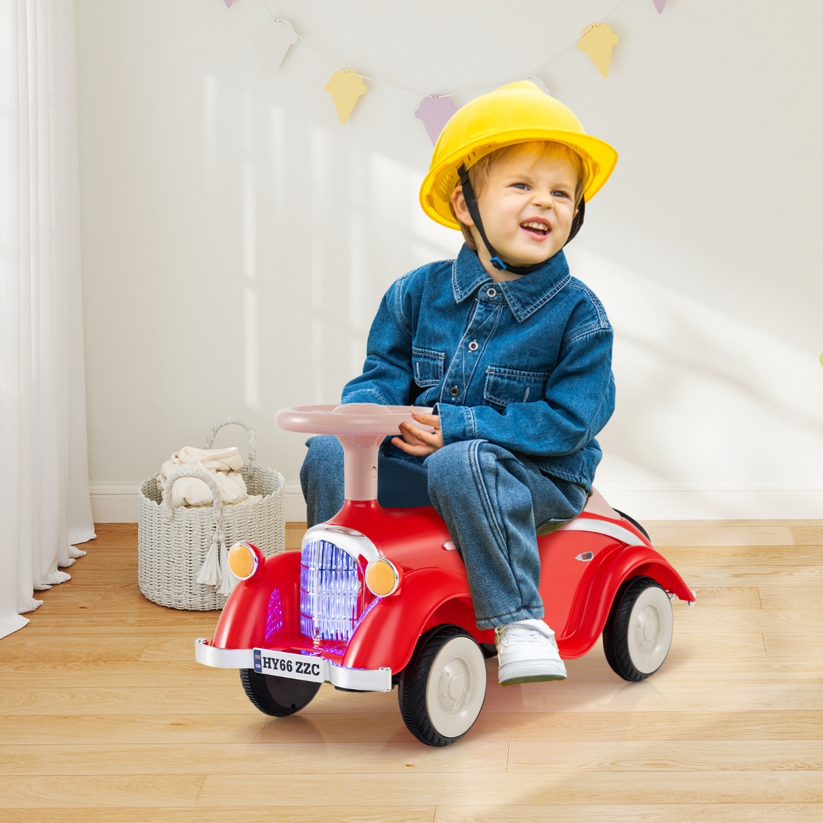 Rutschauto klassisches Fuß-zu-Boden Rutschfahrzeug mit Lenkrad Hupe LED-Scheinwerfer Rot
