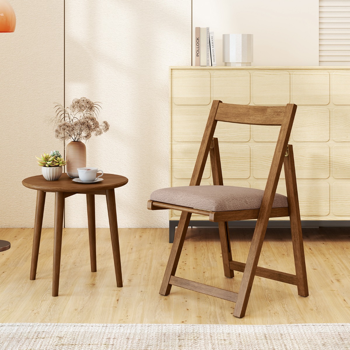 2er Set Holz Klappstühle mit Kissen Armless Stapelbare Esszimmerstühle Gepolsterte Stühle Walnuss