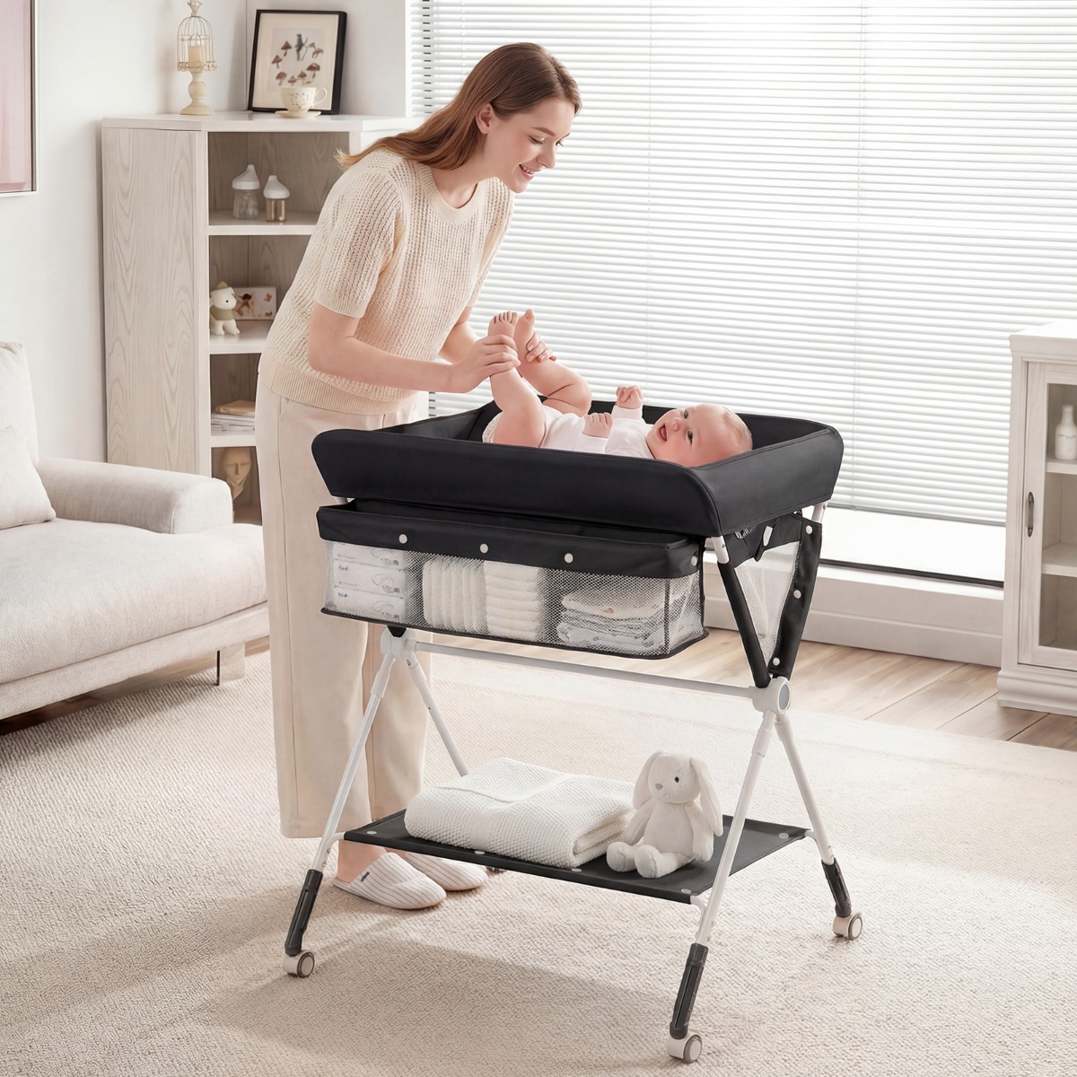 Tragbarer Wickeltisch klappbare Wickelstation mit 3-fach verstellbarer Höhe 81 x 66,5 x 95-101 cm Schwarz