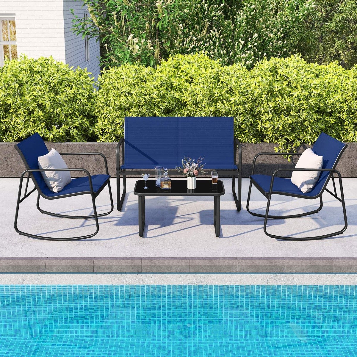 4-tlg. Gartenmöbel Set Terrassenmöbel mit sanfter Schaukelbewegung Sitzgruppe Sitzgarnitur für 4 Personen Blau