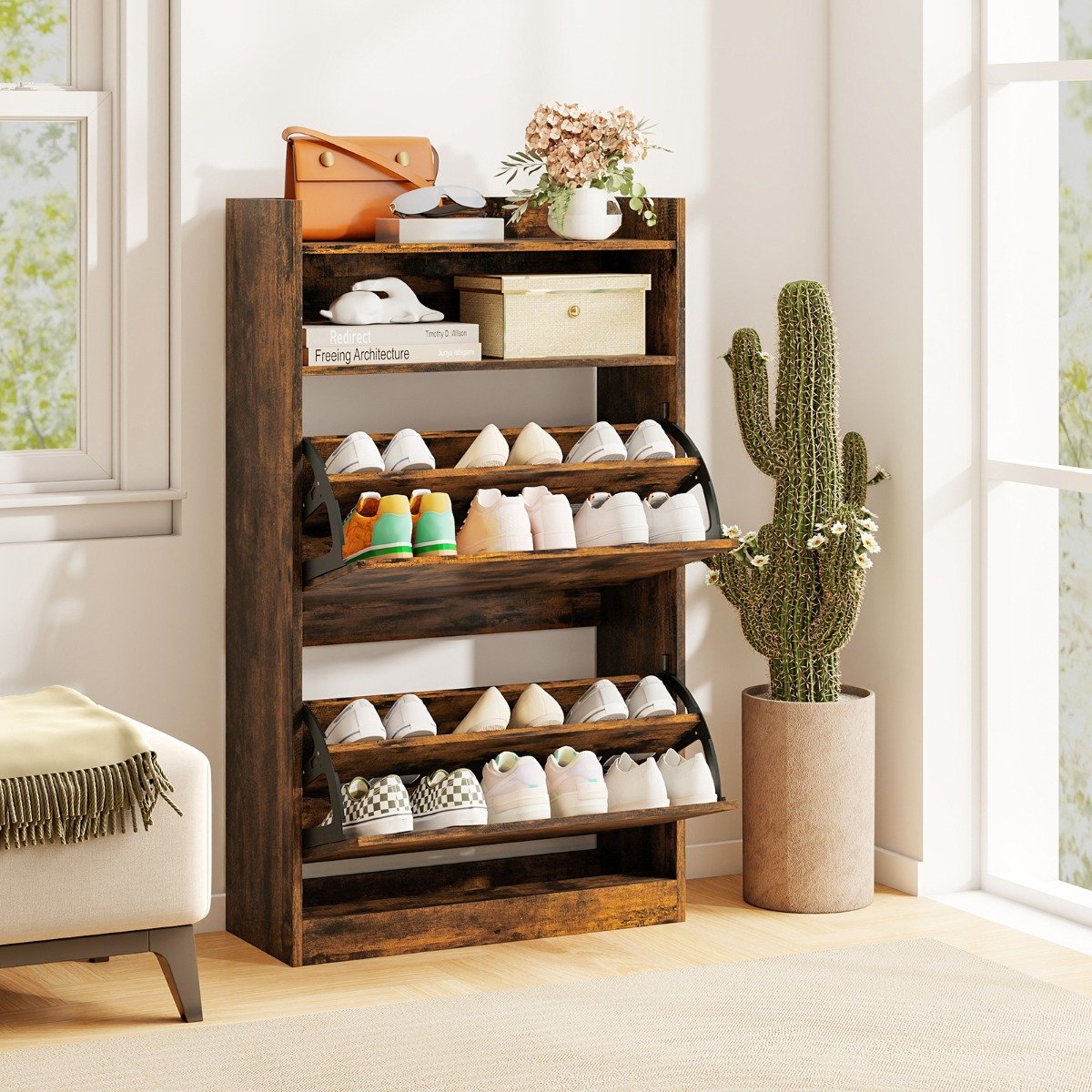 Schuhschrank mit 2 Klappfächern schlankes verstecktes Holz-Schuhregal Weiß/Rustikale Holzoptik (Kaffee)