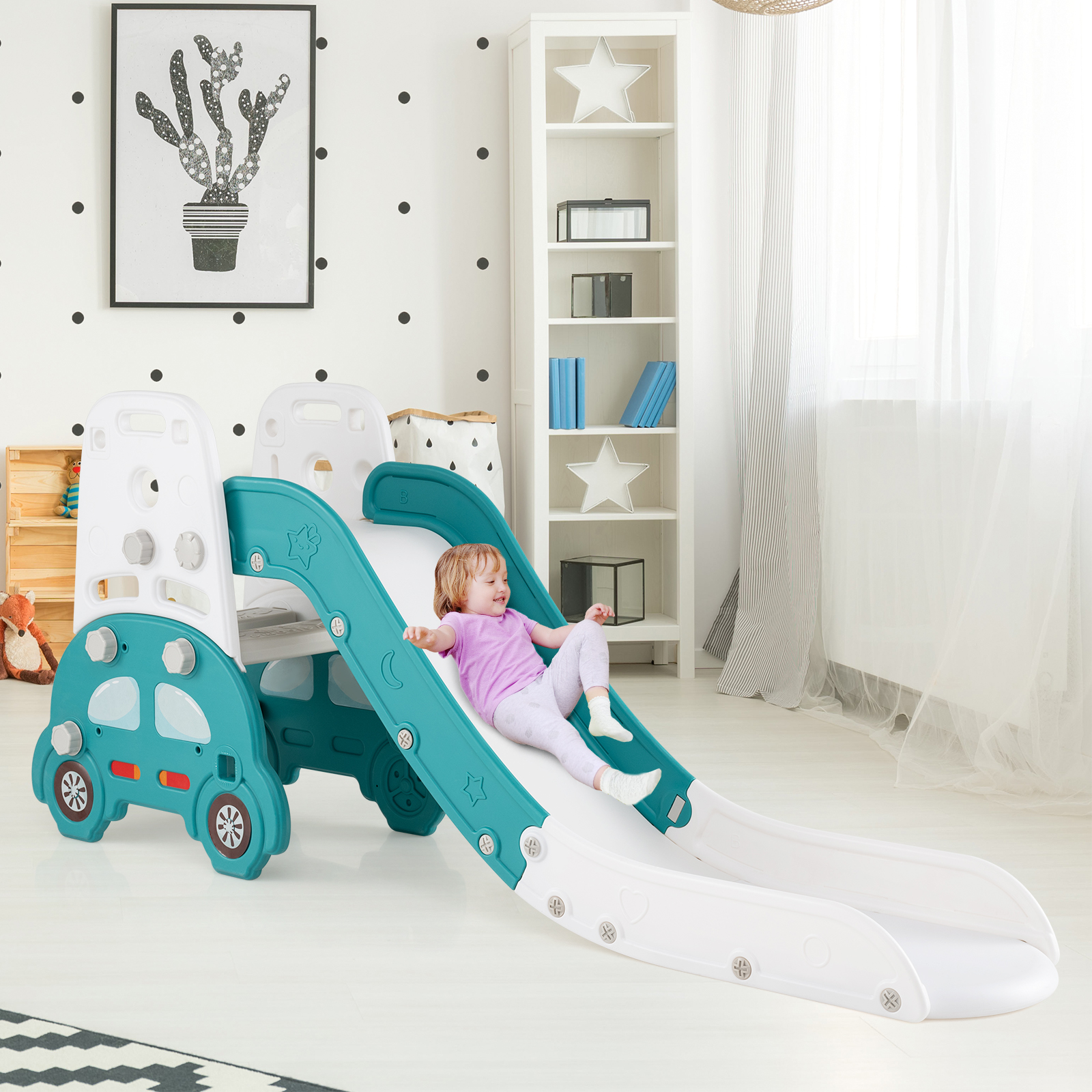 5 in 1 Wandelbare Kinderrutsche als Hocker & Bücherregal Beidseitiges Whiteboard & Bauplatte