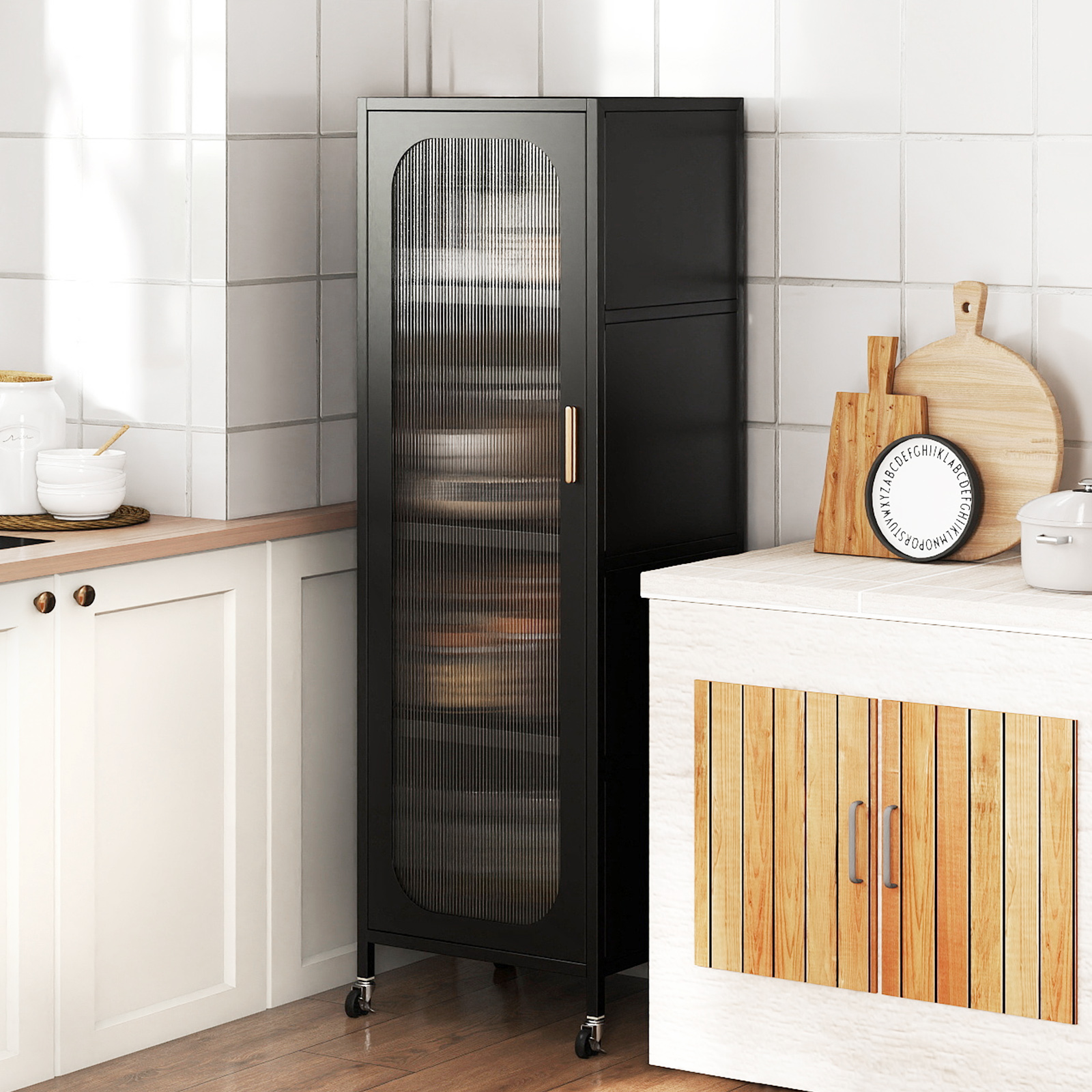 5-stöckiger Metall-Küchenschrank hoher schmaler Mehrzweckschrank mit verstellbaren Regalen Schwarz