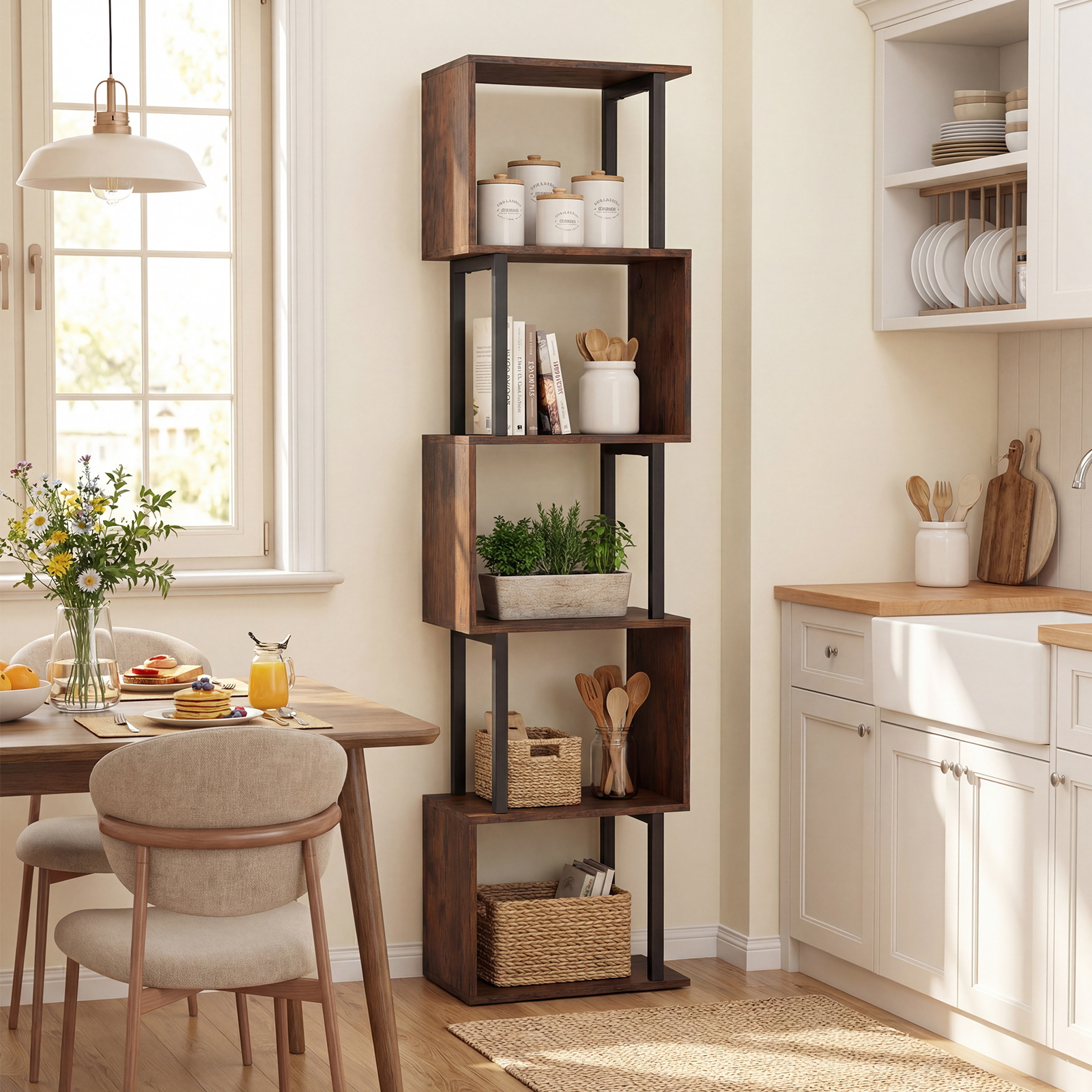 5 stöckiges Bücherregal Geometrisches Standregal mit Kippschutz Freistehendes Lagerregal Rustikales Braun