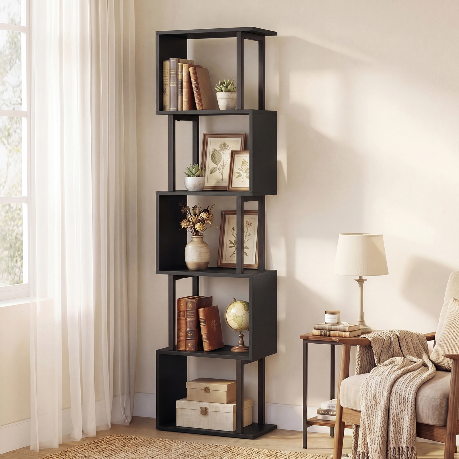 5 stöckiges Bücherregal Geometrisches Standregal mit Kippschutz Freistehendes Lagerregal Schwarz