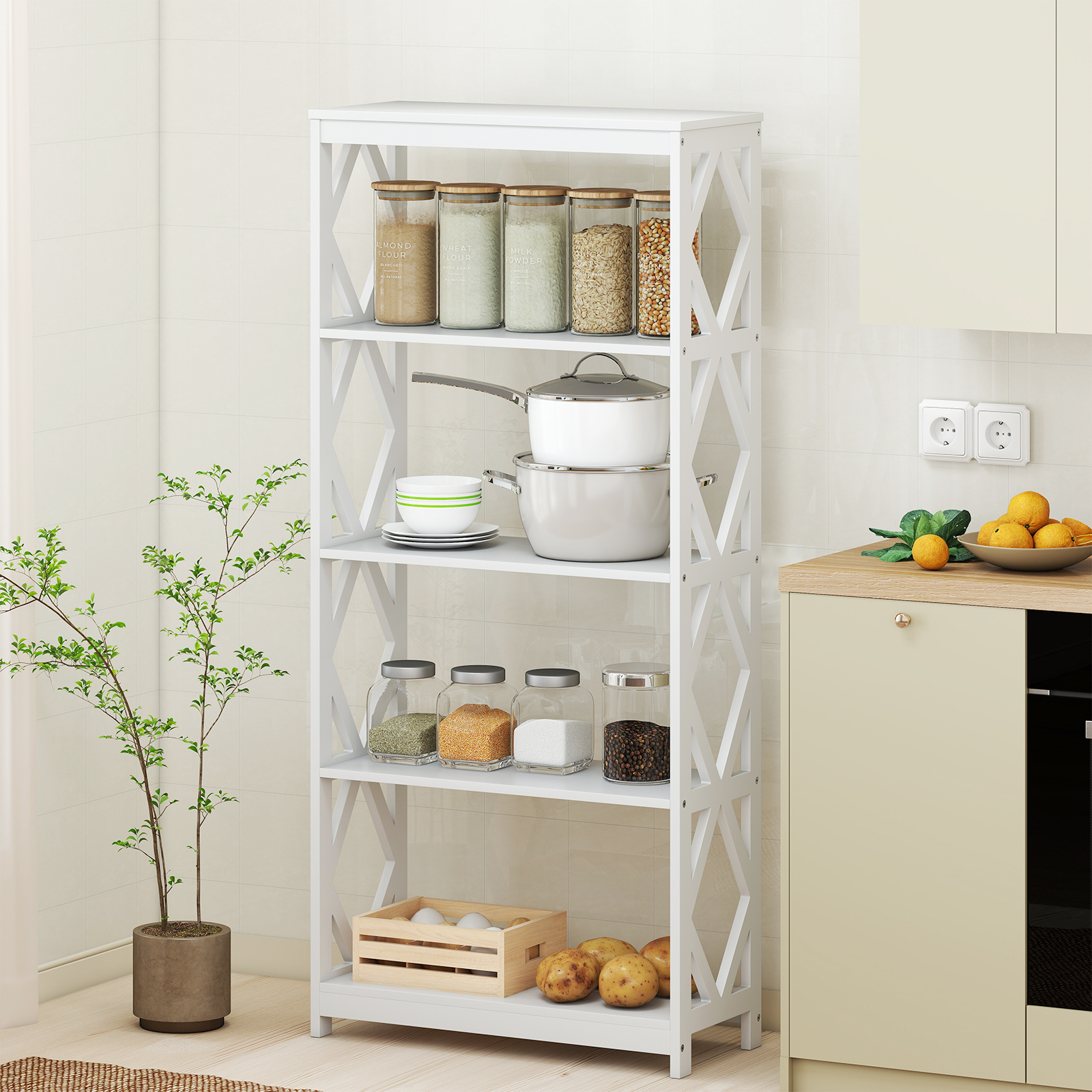 5-stöckiges hohes Bücherregal offenes Holzregal mit rhombischer Struktur Weiß