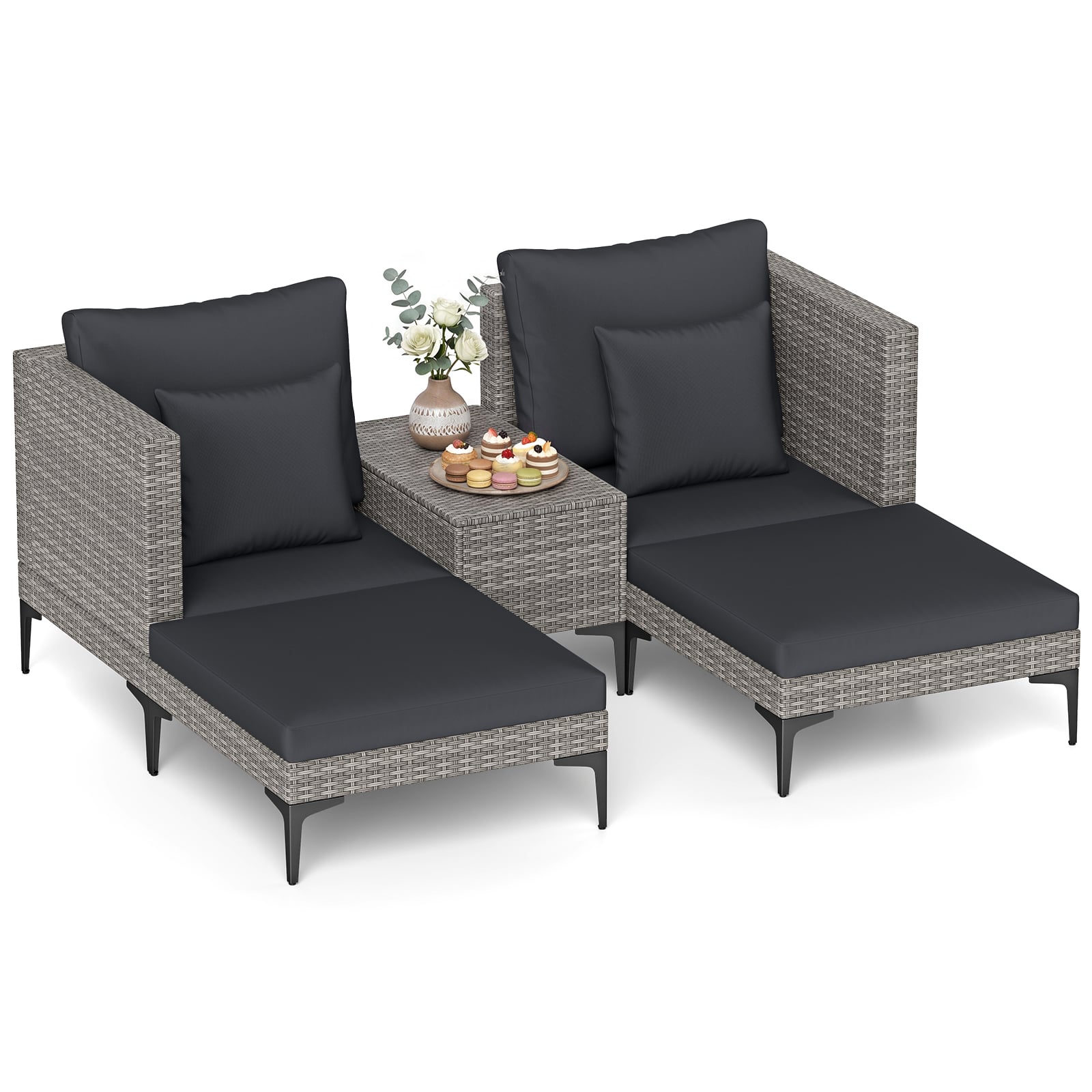 5-Teiliges Gartenmöbel Set aus Polyrattan Balkonmöbel Set inkl. 2 Sofas 2 Fußhockern & 1 Couchtisch Grau