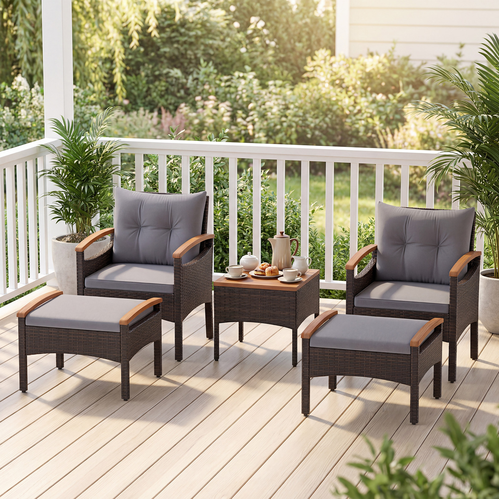Rattan Gartenmöbel Set inkl. 2 Stühle mit Hocker & Tisch & Kissen Akazienholz Balkonset Grau
