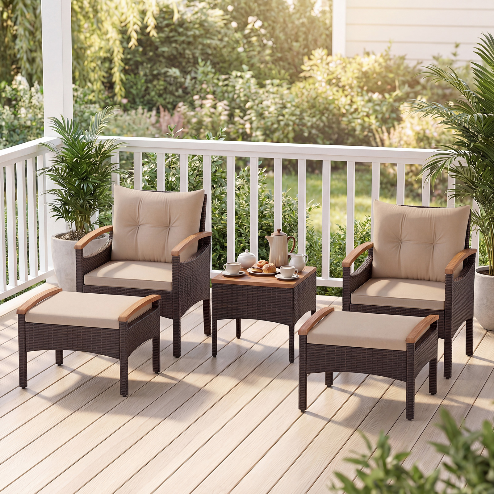 Rattan Gartenmöbel Set inkl. 2 Stühle mit Hocker & Tisch & Kissen Akazienholz Balkonset Beige