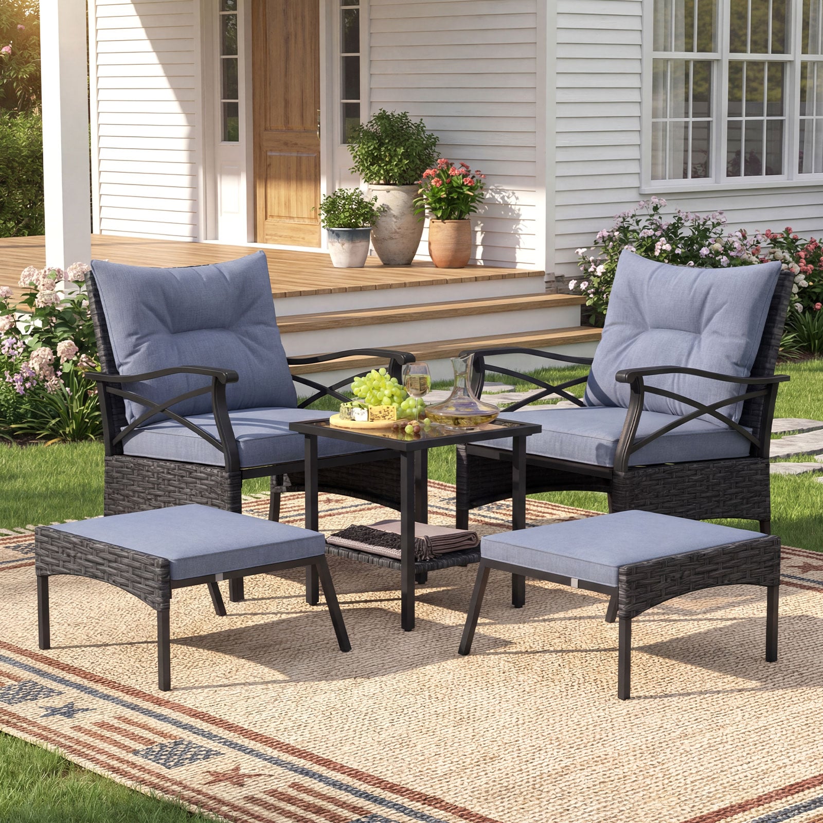 5-teiliges Terrassenmöbel-Set aus Korbgeflecht Outdoor-Rattanstühle mit Ottomanen Grau