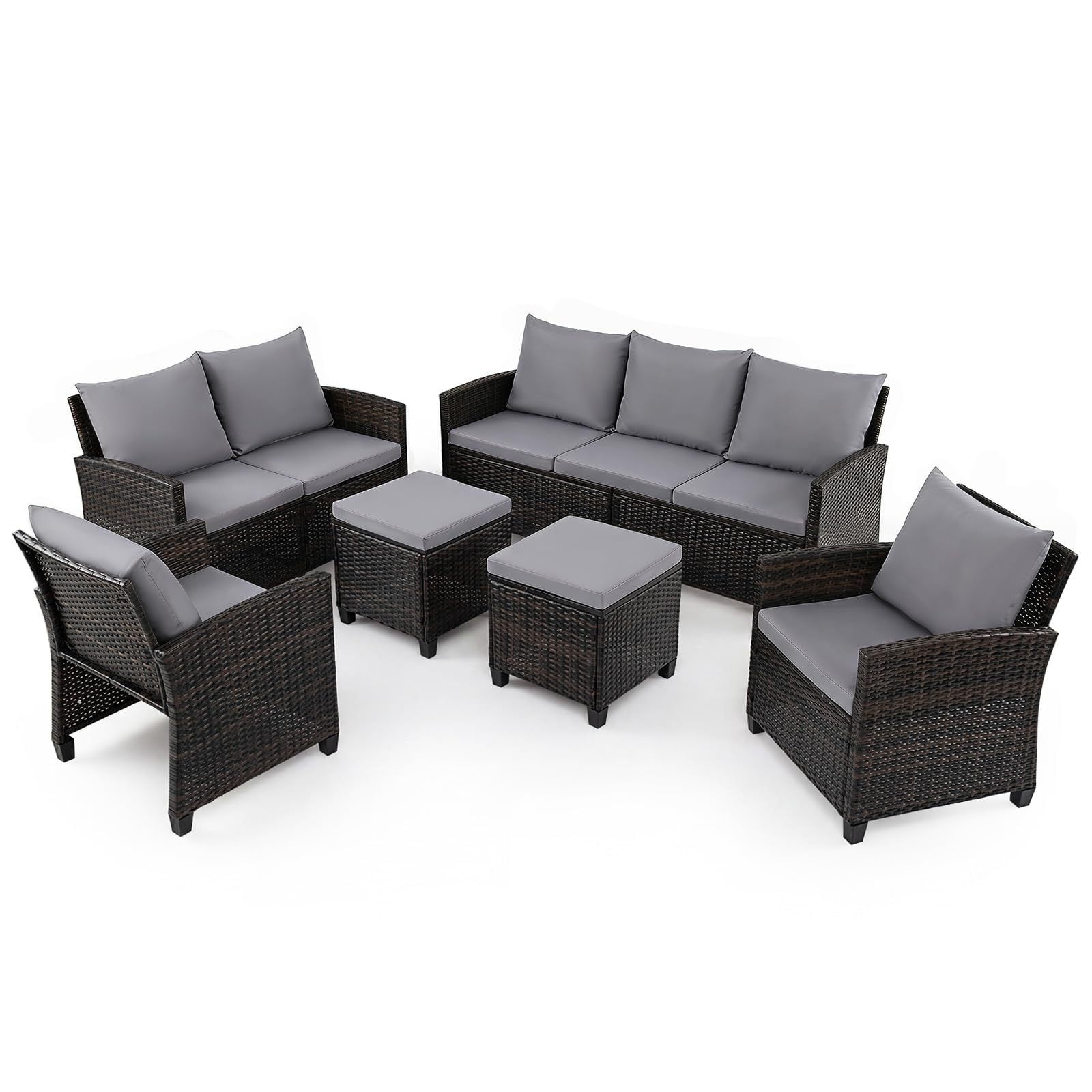 6-Teiliges Rattan-Gartenmöbel-Set Wetterfeste Sitzgruppe für 7 Personen mit Weiche Sitzkissen Grau