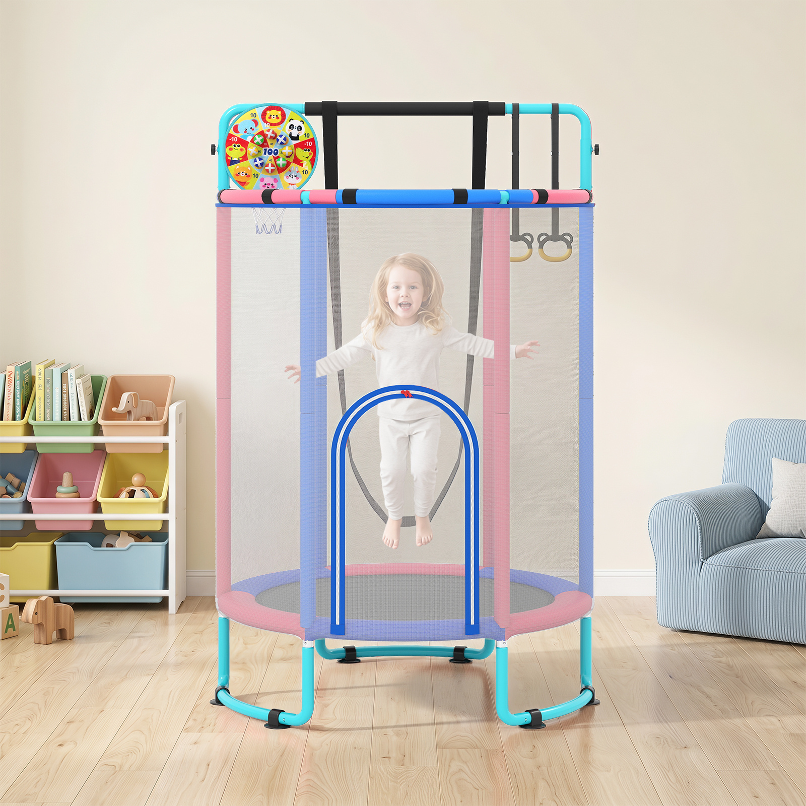 6 in 1 Kindertrampolin mit Sicherheitsnetz & Hitzeverzinkte Metallrahmen 140 x 140 x 214 cm Blau