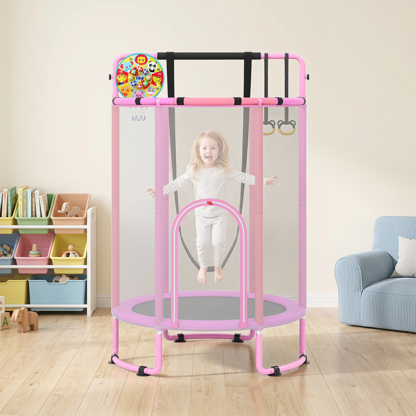 6 in 1 Kindertrampolin mit Sicherheitsnetz & Hitzeverzinkte Metallrahmen 140 x 140 x 214 cm Lila