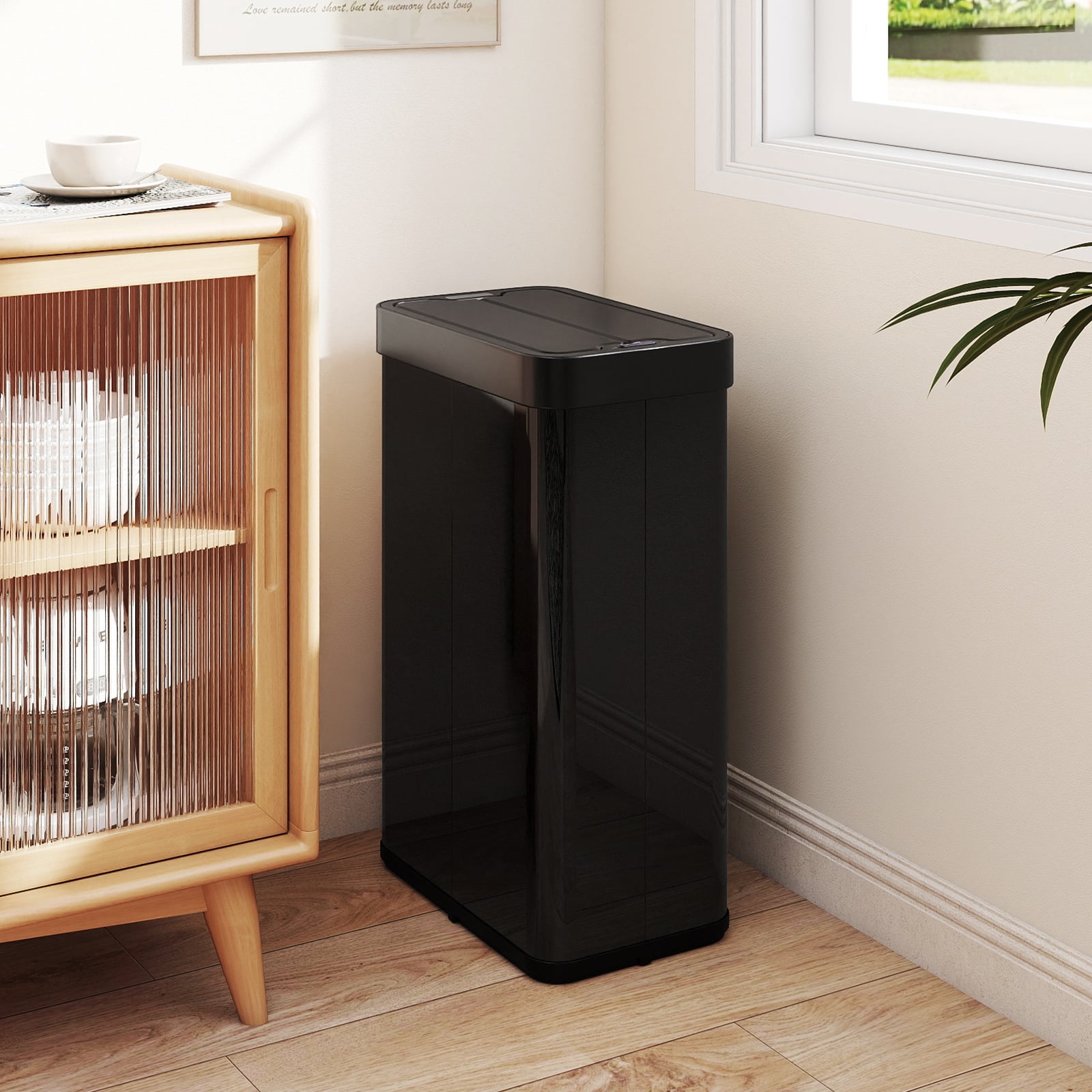 60 L Mülleimer mit Flügelklappen & Infrarot-Bewegungssensor Edelstahl Abfalleimer Schwarz