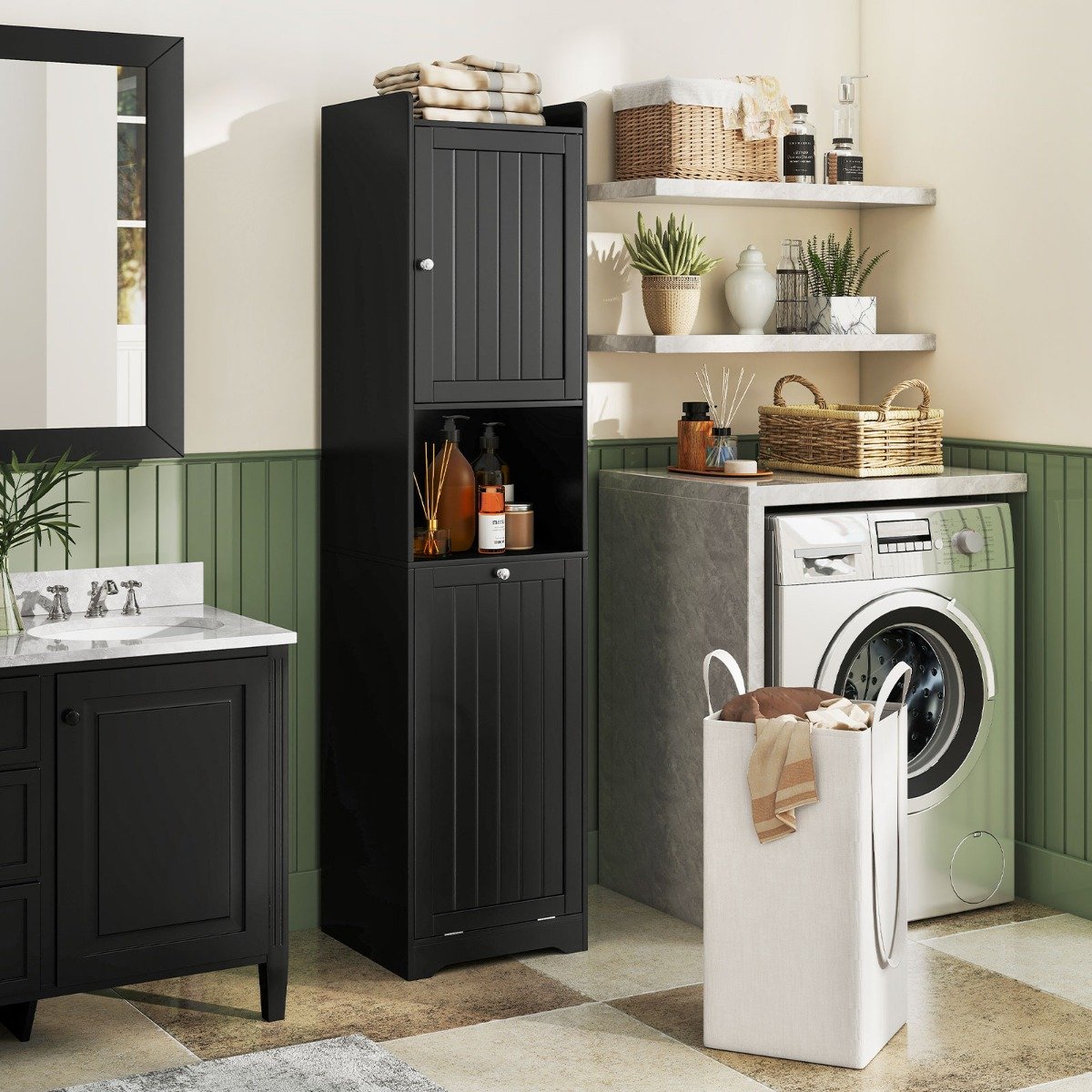 Bad Hochschrank mit Wäschekorb & Verstellbarem Regal Badezimmerschrank Badschrank Schwarz