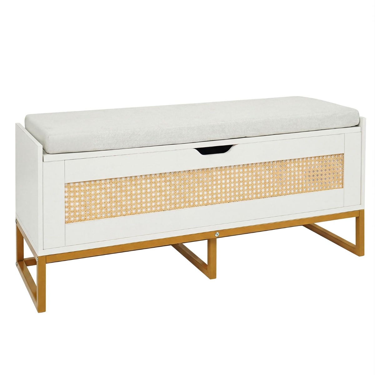 Schuhbank mit Gepolsterter Sitzfläche & Klappdeckel Rattan Schuhschrank bis zu 200 kg Belastbar Weiß