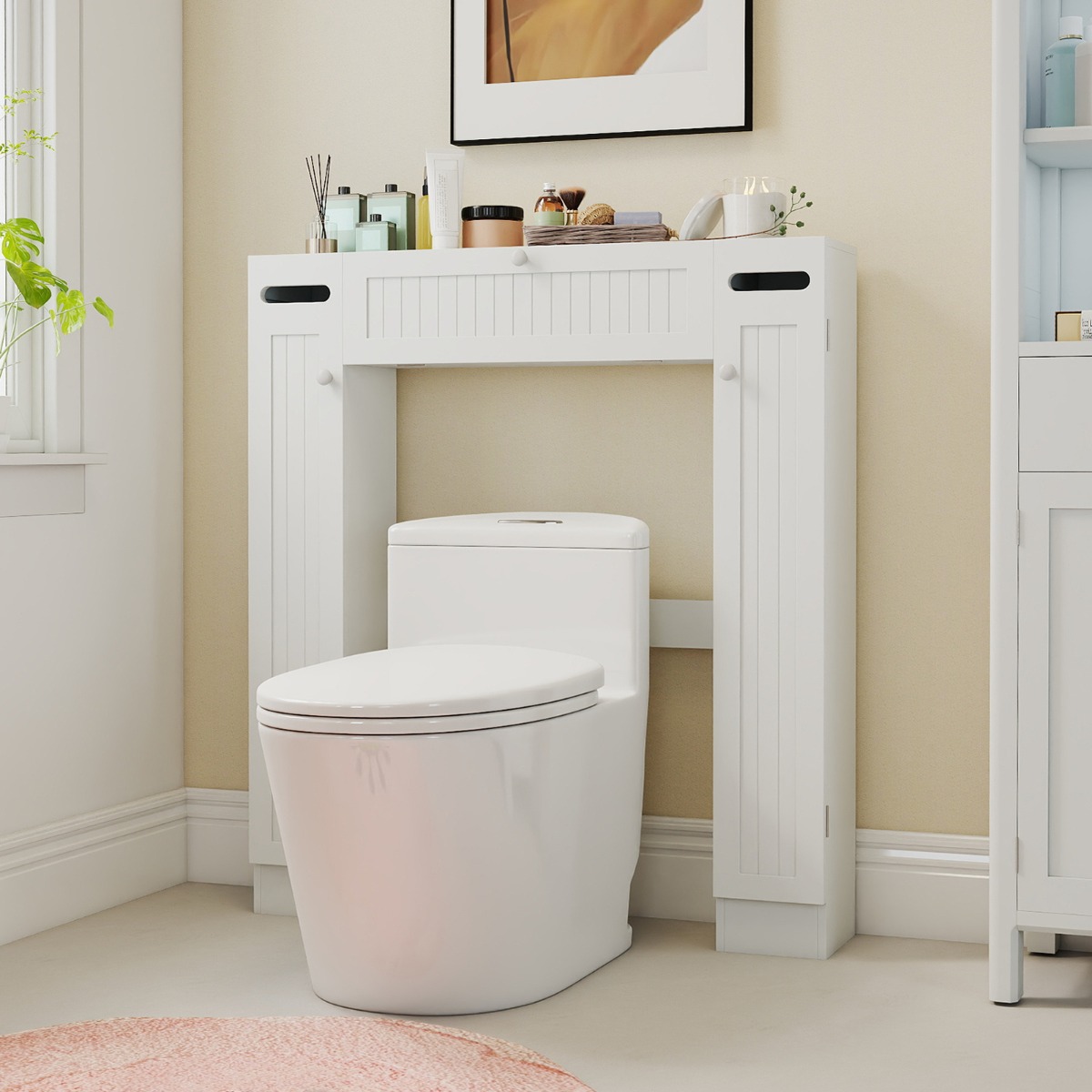 Toilettenschrank über Toilette Aufbewahrungsschrank mit Toilettenpapierhaltern Klapptür & verstellbaren Regalen Weiß
