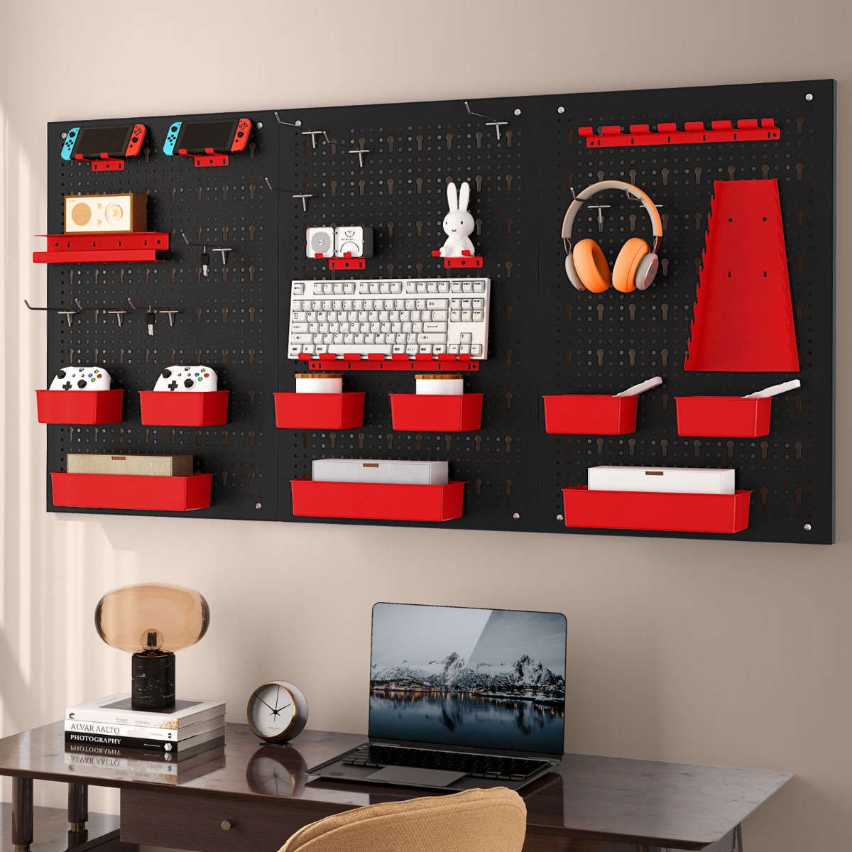 Metall Werkzeugwand mit 9-teilige Aufbewahrungsboxen & Werkzeughaltern & Hake Rot