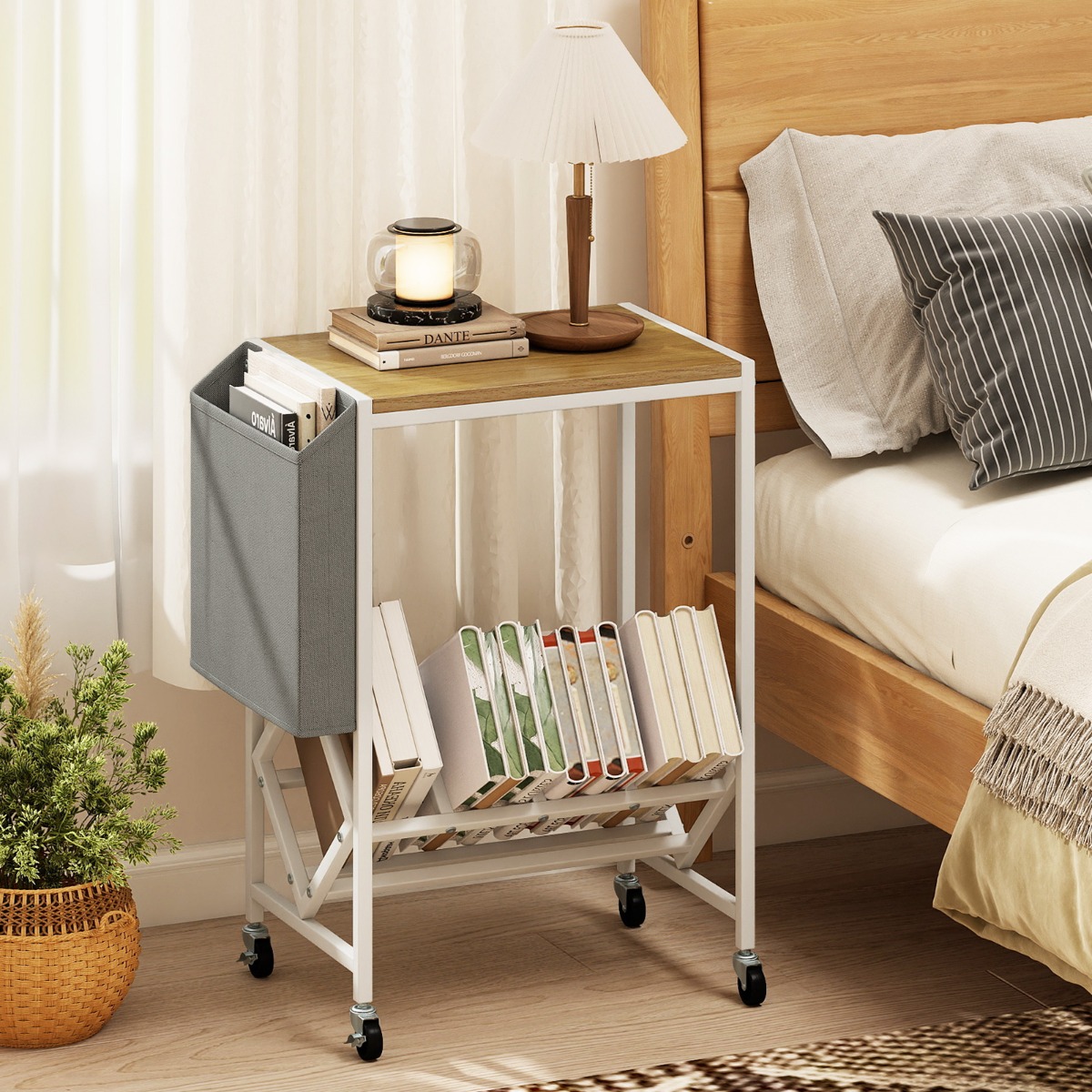 Rollender Plattenspieler-Ständer Vinyl-Schallplattentisch mit Vinylaufbewahrung & Zeitschriftenhalter Natur