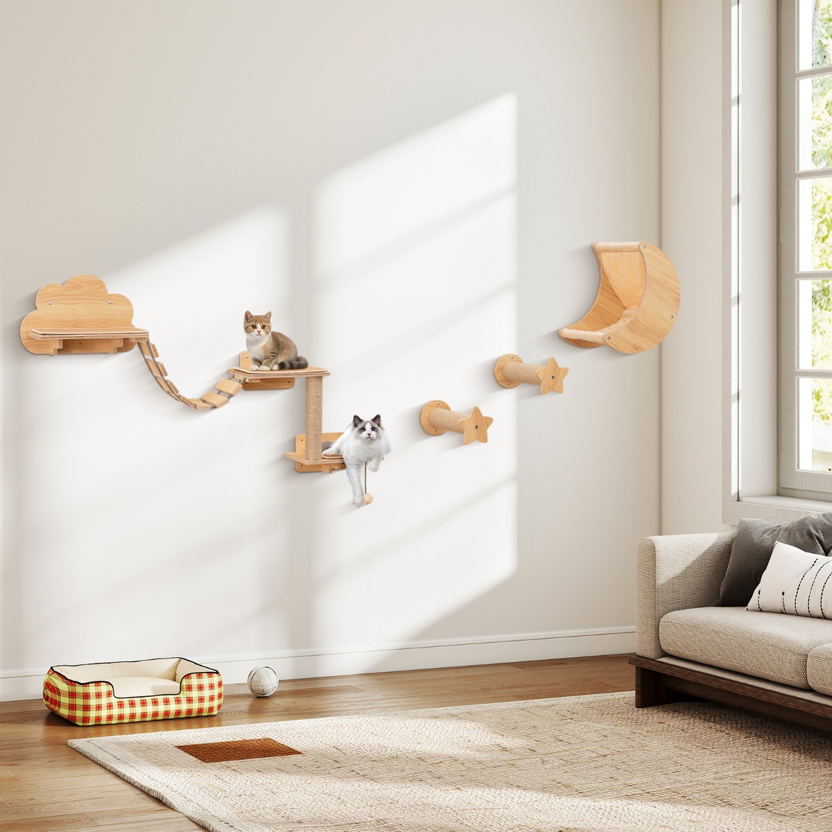 6 PCS Kletterwand Katzen 2-stufiger Kratzbaum mit Plattformen Hängematte Katzentreppe Kletterbaum Holz Katzenmöbel Natur