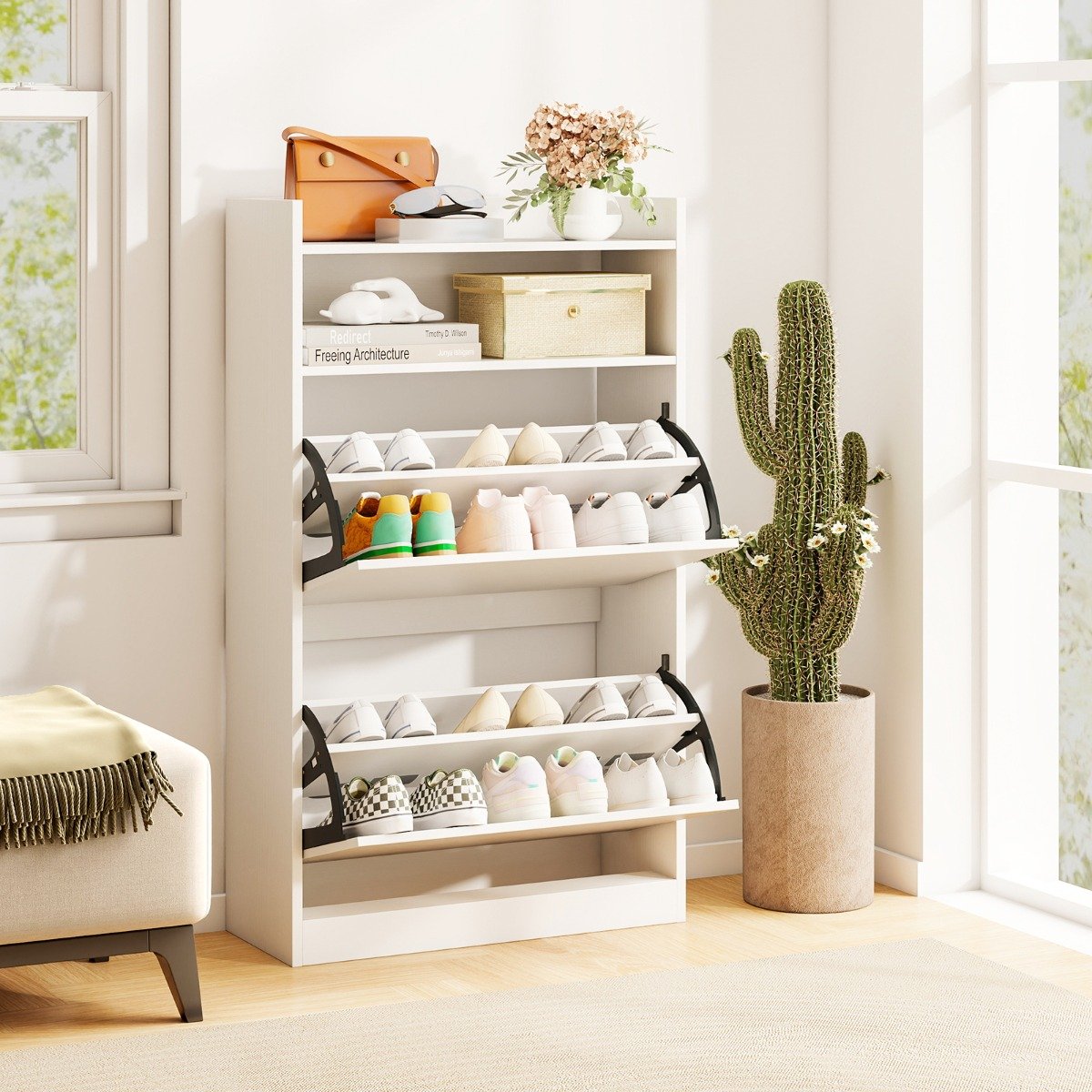 Schuhschrank mit 2 Klappfächern schlankes verstecktes Holz-Schuhregal Weiß/Rustikale Holzoptik (Weiß)