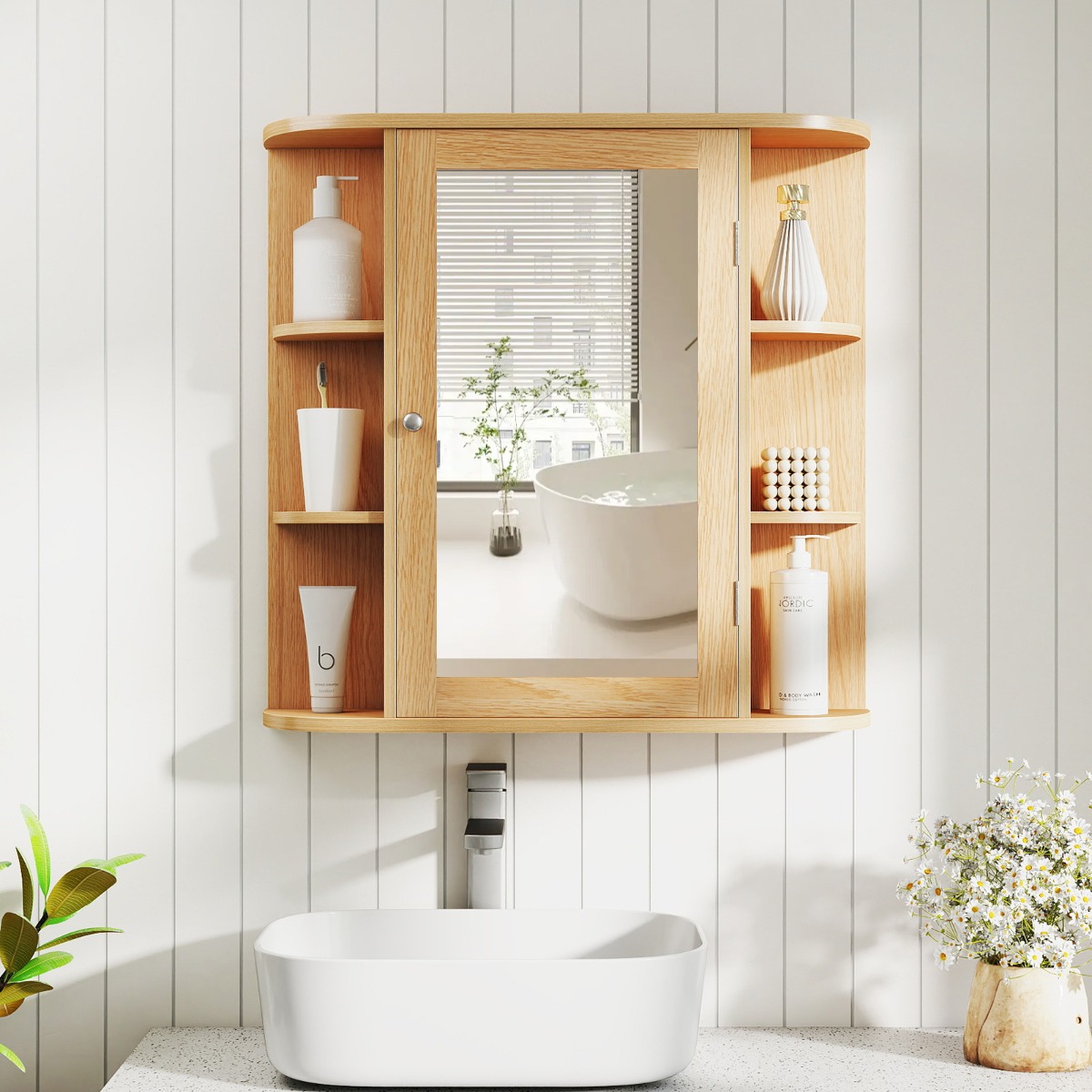 Spiegelschrank Bad 4 Fächer & 6 Offene Ablagen Badezimmerschrank mit Spiegel 66 x 17 x 63 cm Natur