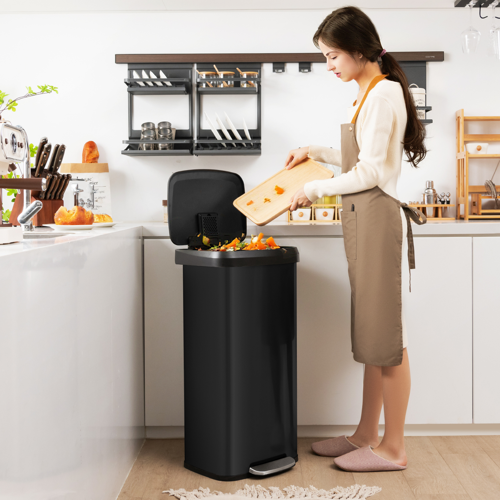 68L Küche Mülleimer mit Sanft Schließendem Deckel & Desodorierungsfach Abfalleimer Schwarz
