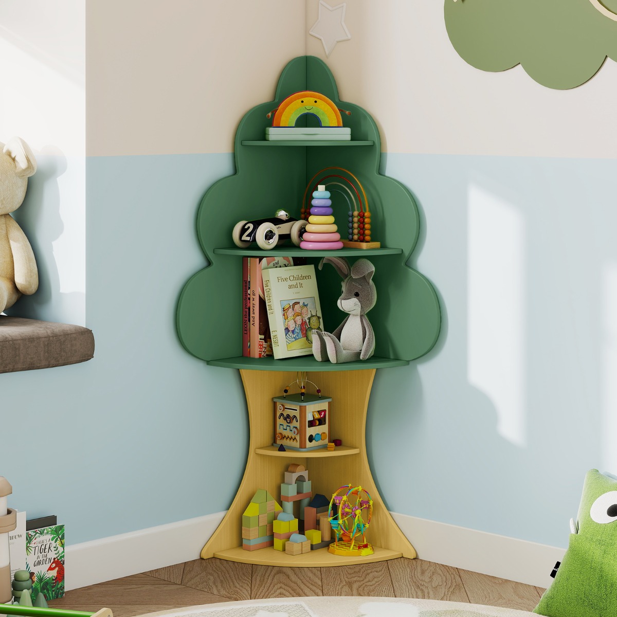 Baum-Design Kinder Bücherregal aus Holz 5 Ebenen Kinderregal Spielzeugregal Grün