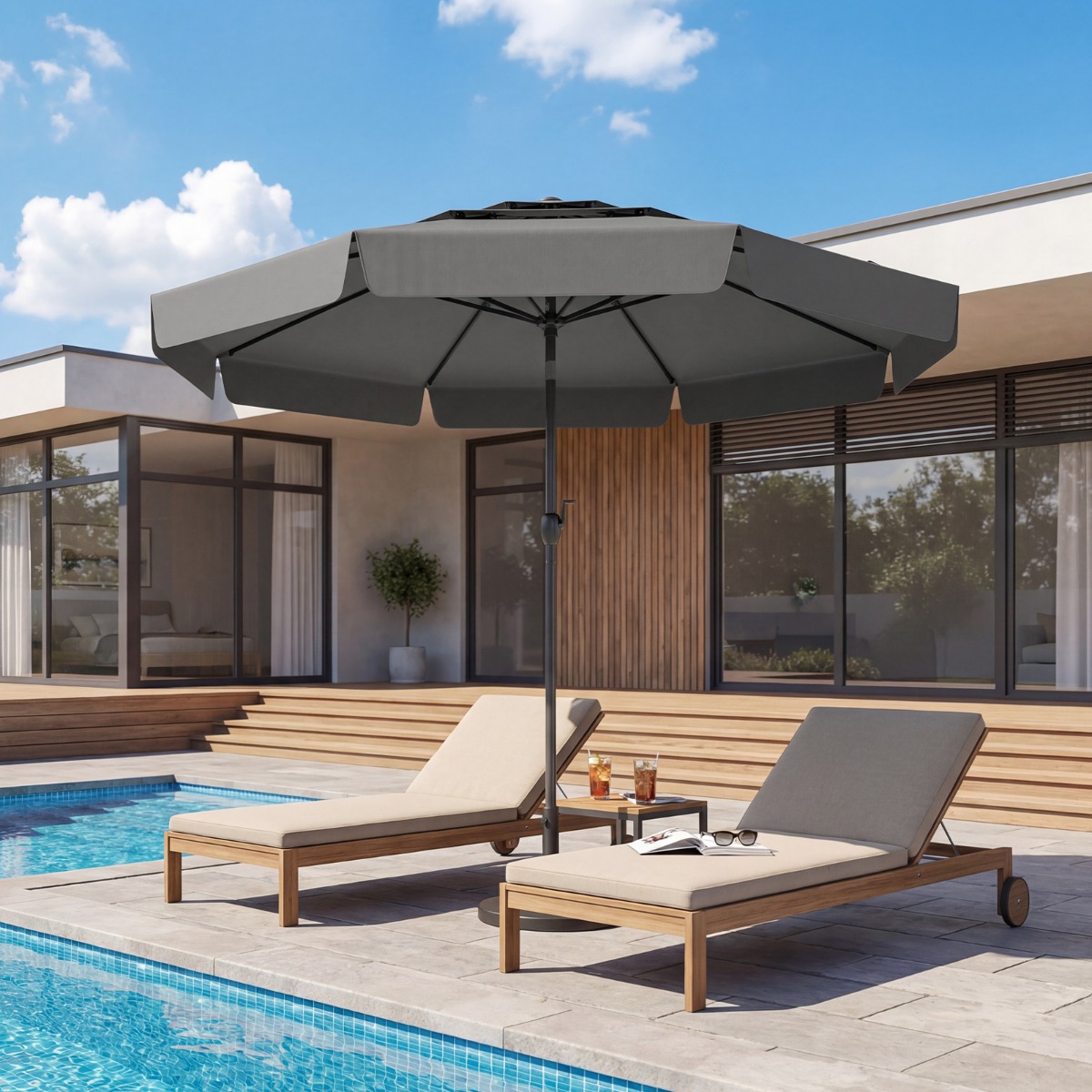 300 CM Sonnenschirm neigbarer Outdoor Marktschirm mit 3-stufigem belüftetem Dach Grau
