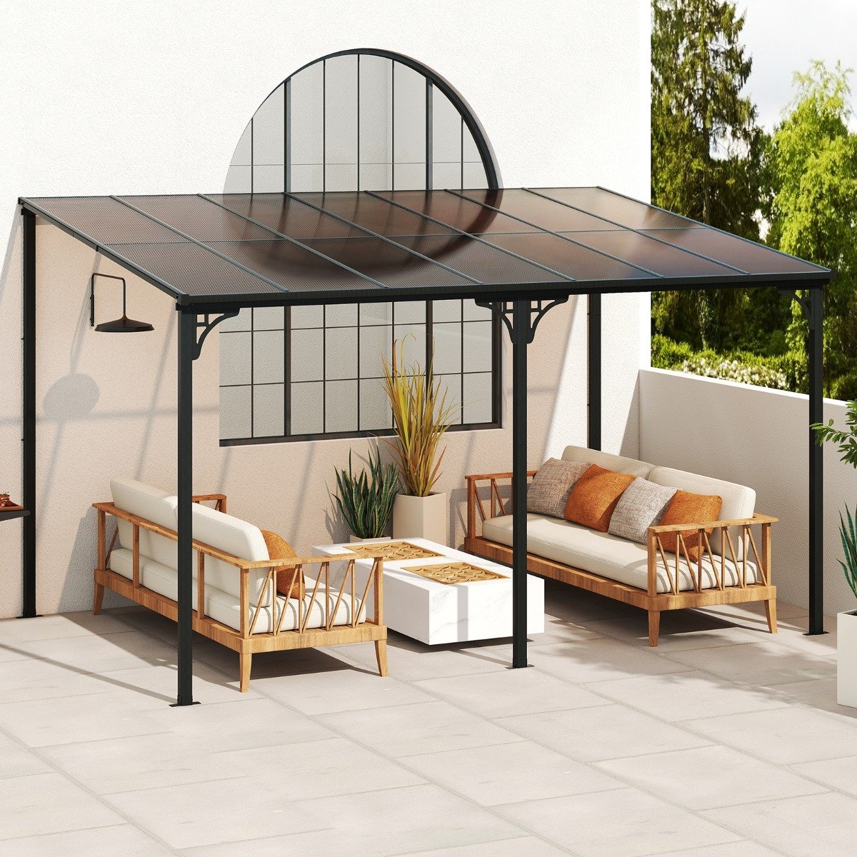 Terrassenüberdachung 3 x 4 m Pergola mit schrägen Polycarbonat-Dach freistehendes Terrassendach zur Wandmontage Pavillon für Terrasse
