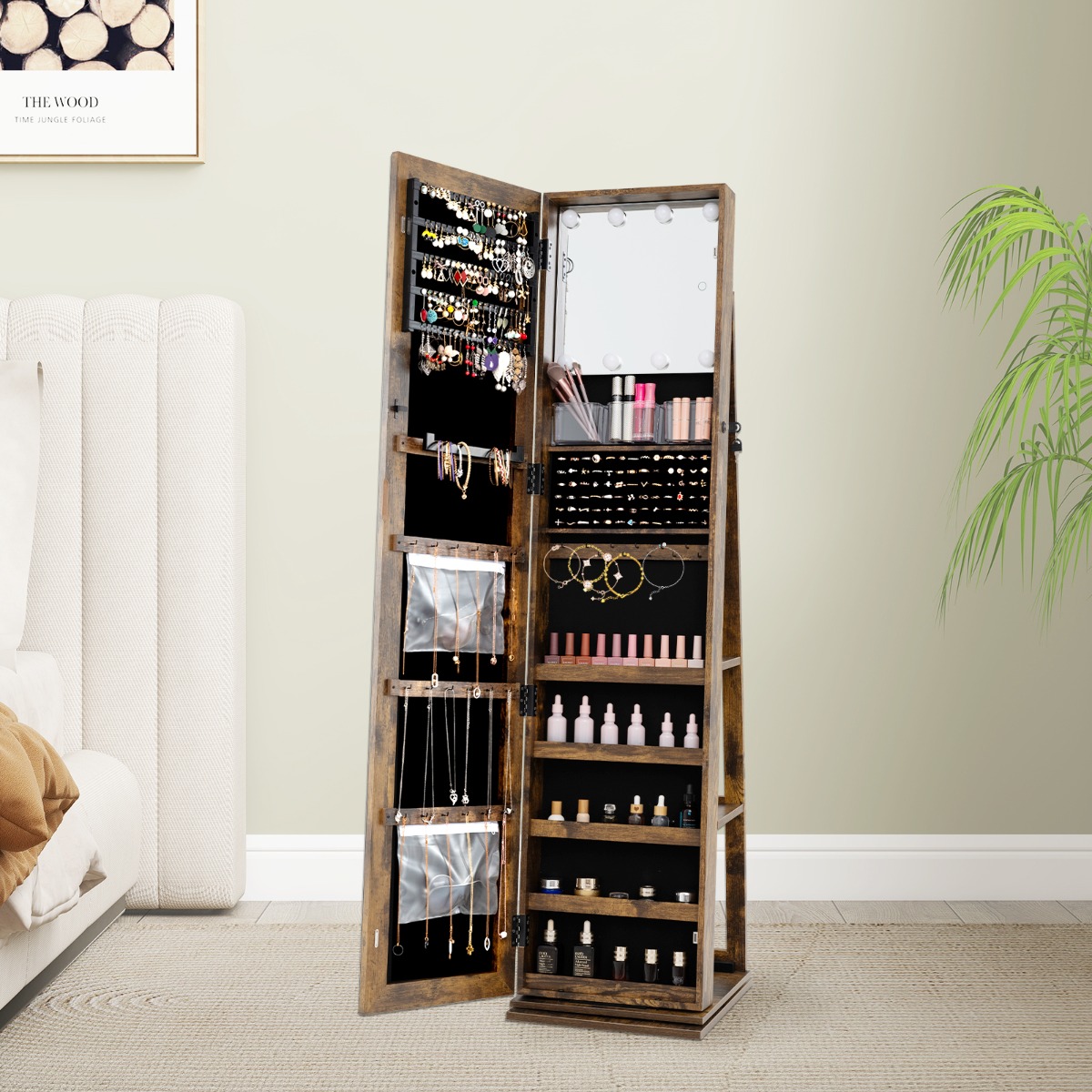 360° Drehbarer Schmuckschrank Freistehender Schmuckorganizer mit Ganzkörperspiegel & Rückregalen Rustikal Braun