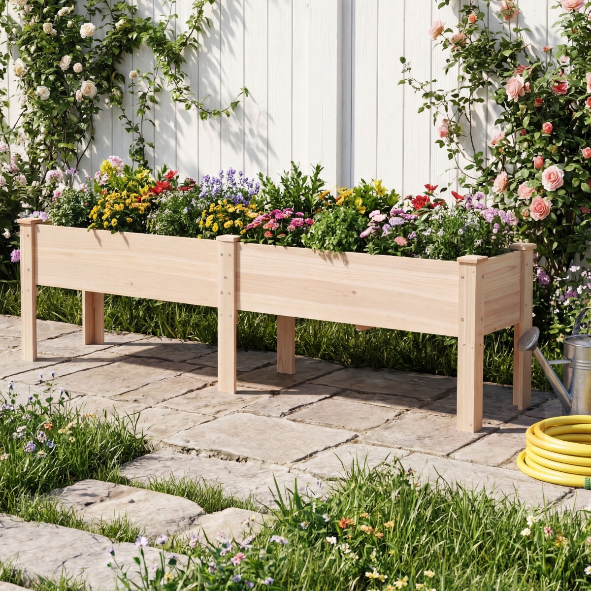 Holz Hochbeet mit Ablauflöchern Pflanzbeet mit 2 Pflanzbereichen Blumenkübel Kräuterbeet Natur
