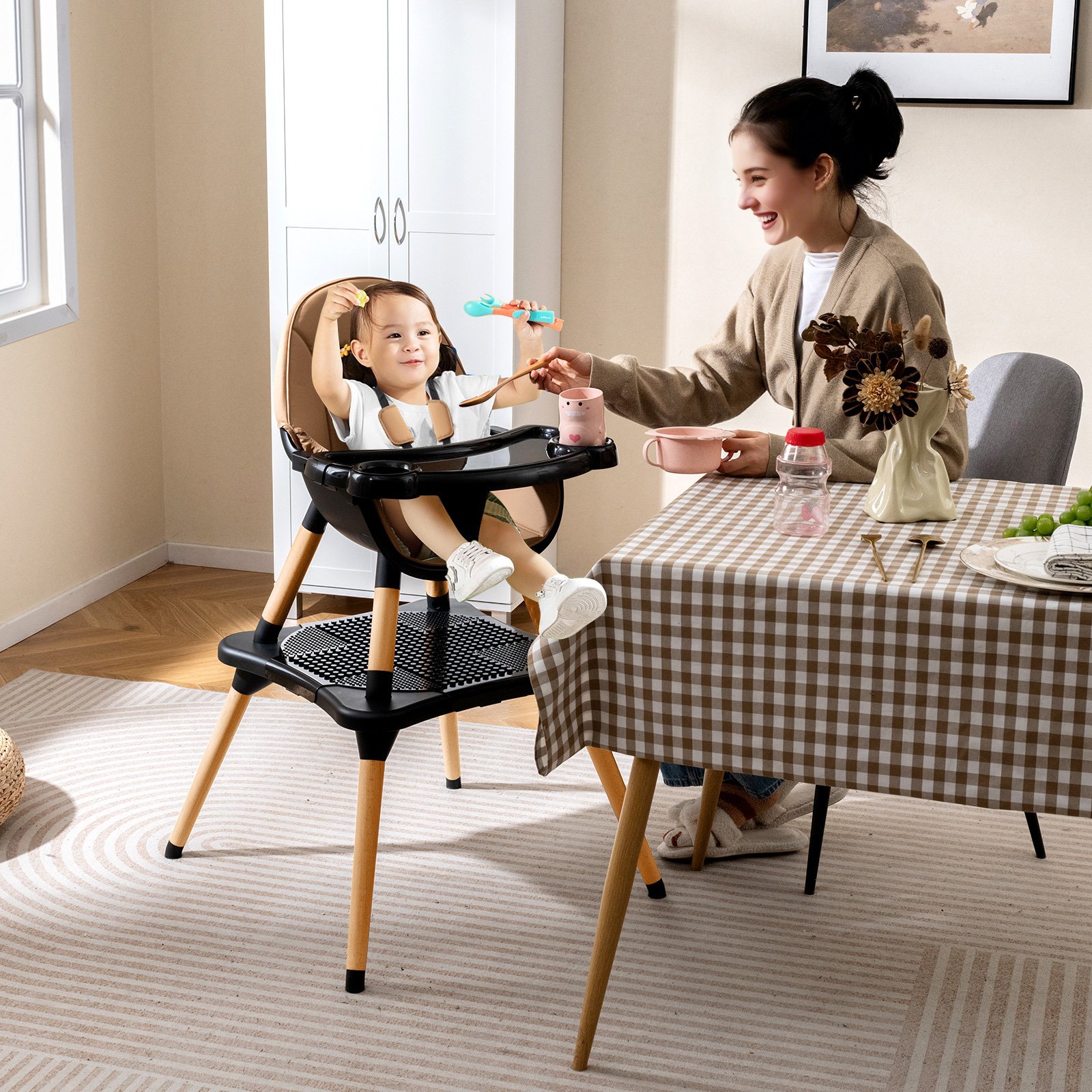 6 in 1 Baby Hochstuhl mit Bausteintisch & Abnehmbarem Doppeltablett Kinderhochstuhl Braun