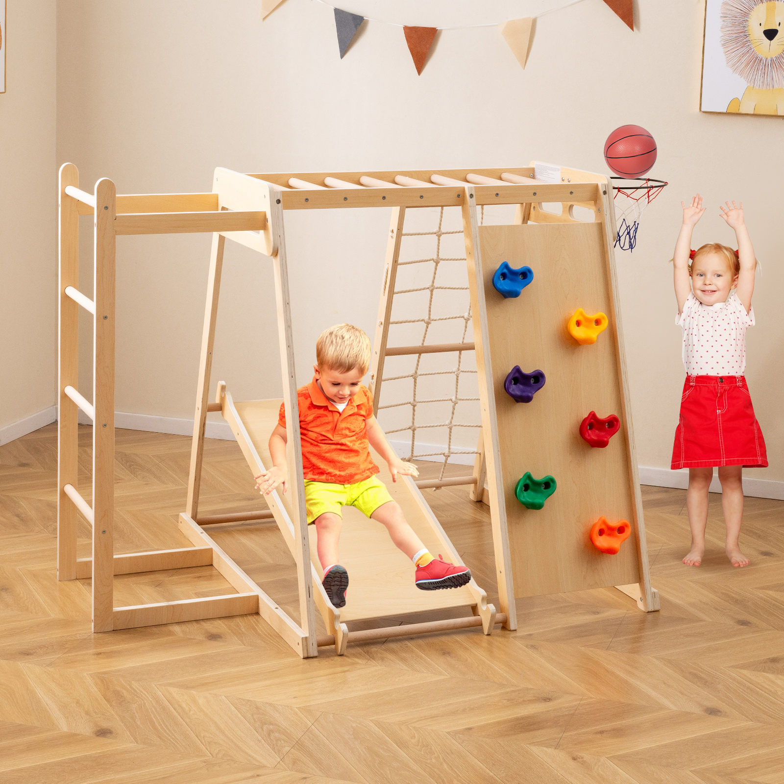 6-in-1 Indoor Klettergerüst Spielplatz mit Rutsche Kletterwand Basketballkorb Affenstange Seilnetz Natur