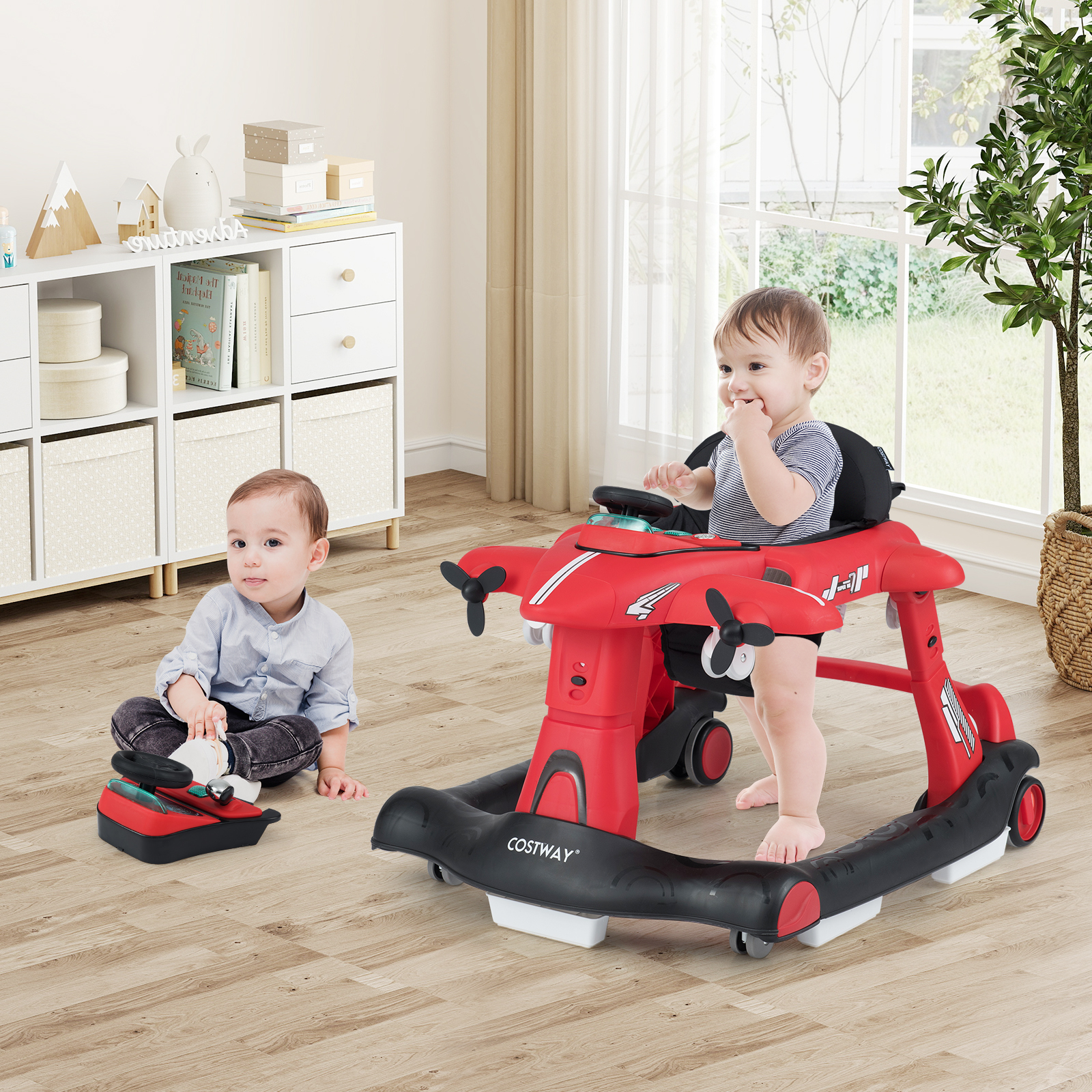 6-in-1-Lauflernhilfe mit Rädern Lauflernwagen im Flugzeugmotiv 3-stufig höhenverstellbar Rot