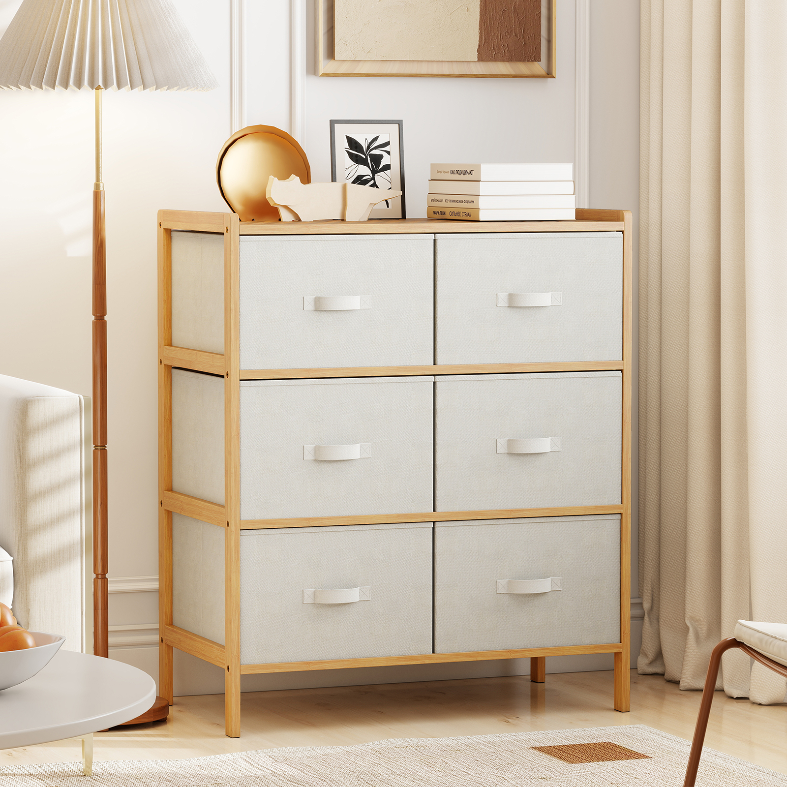 6-Schubladen Kommode Bambus Aufbewahrungsturm mit 6 faltbaren Stoffschubladen & oberem Regal Natur