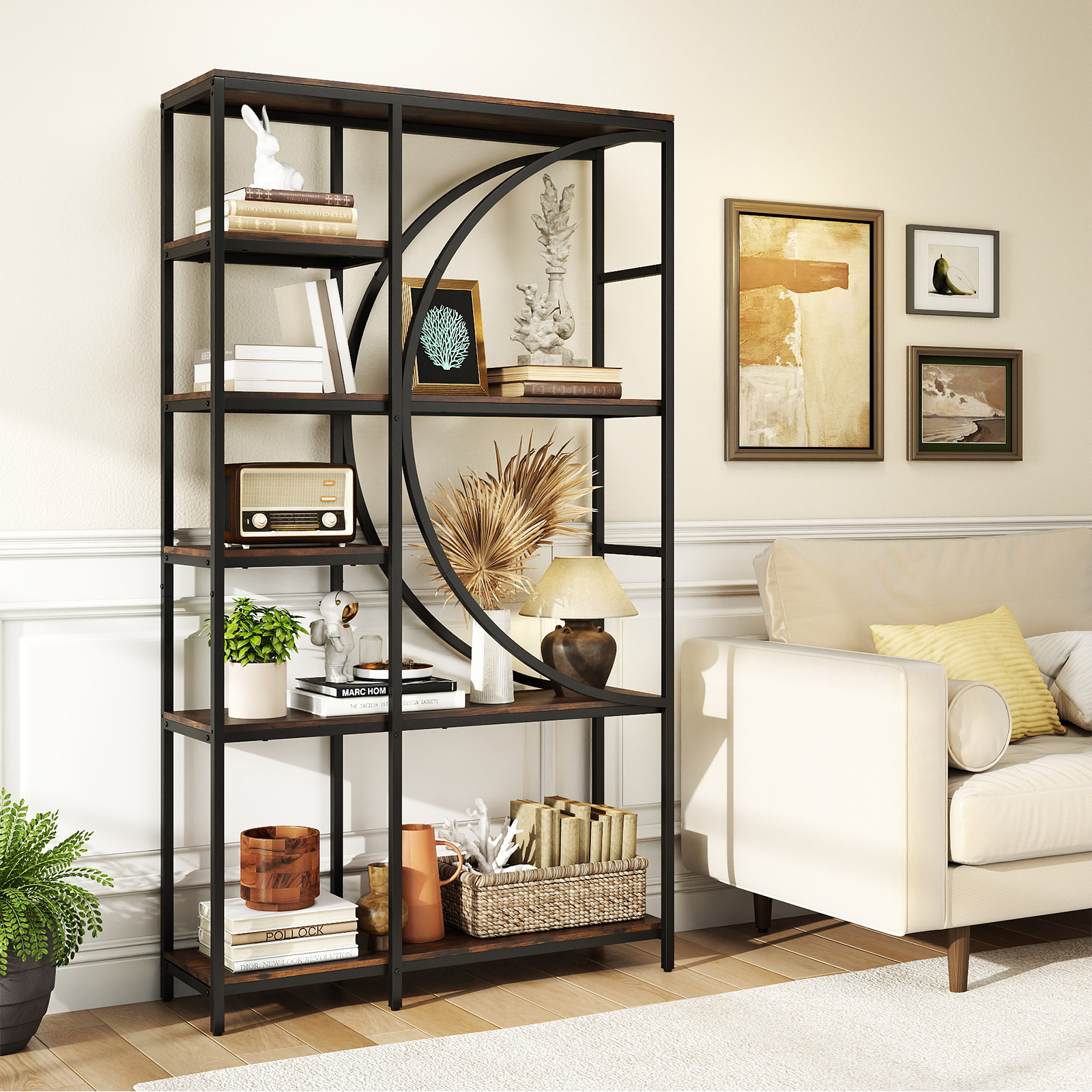 6-stöckiges Bücherregal industrielles Büroregal mit offenen Ablageflächen hohes Regal mit bogenförmigem Design Standregale Braun