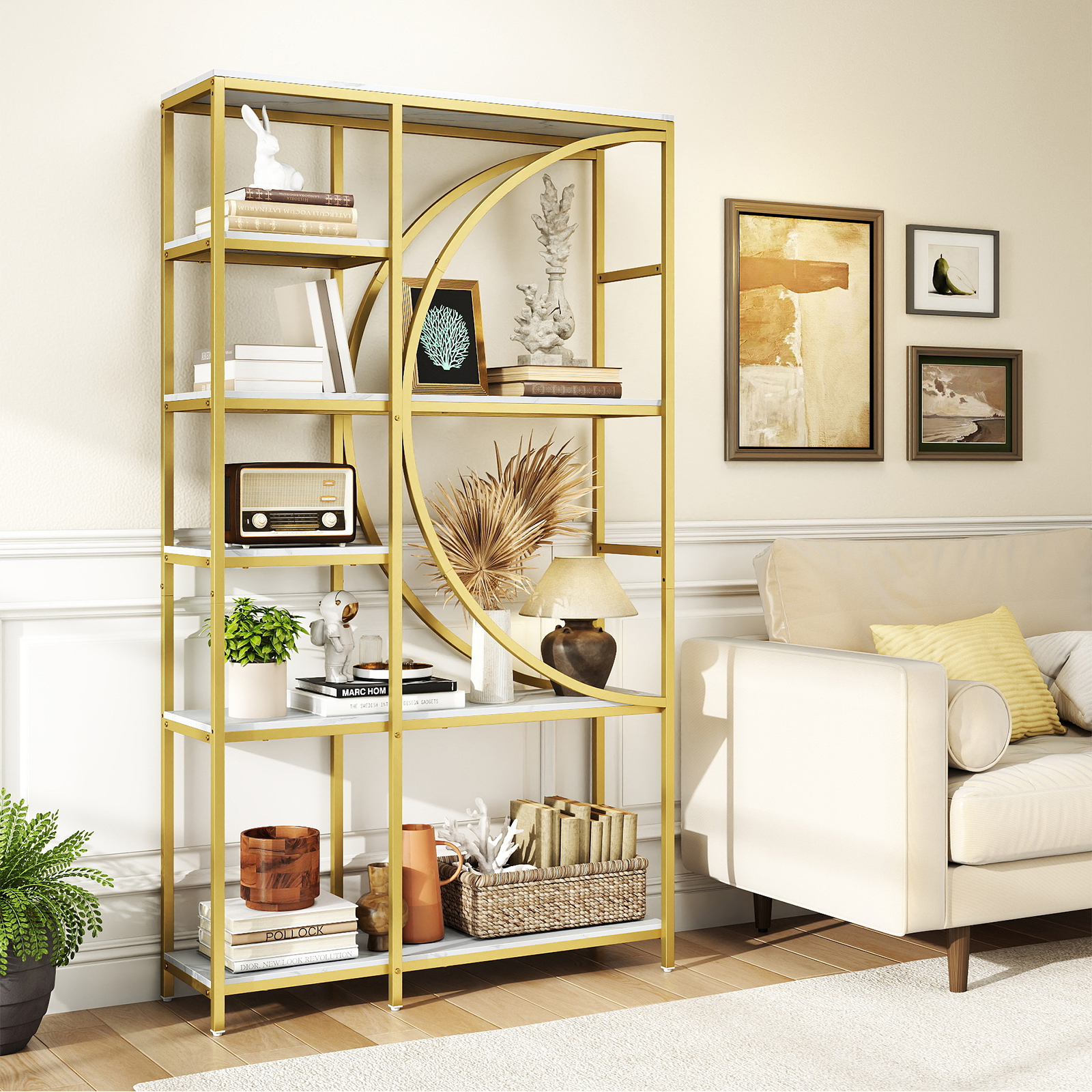 6-stöckiges Bücherregal industrielles Büroregal mit offenen Ablageflächen hohes Regal mit bogenförmigem Design Standregale Golden