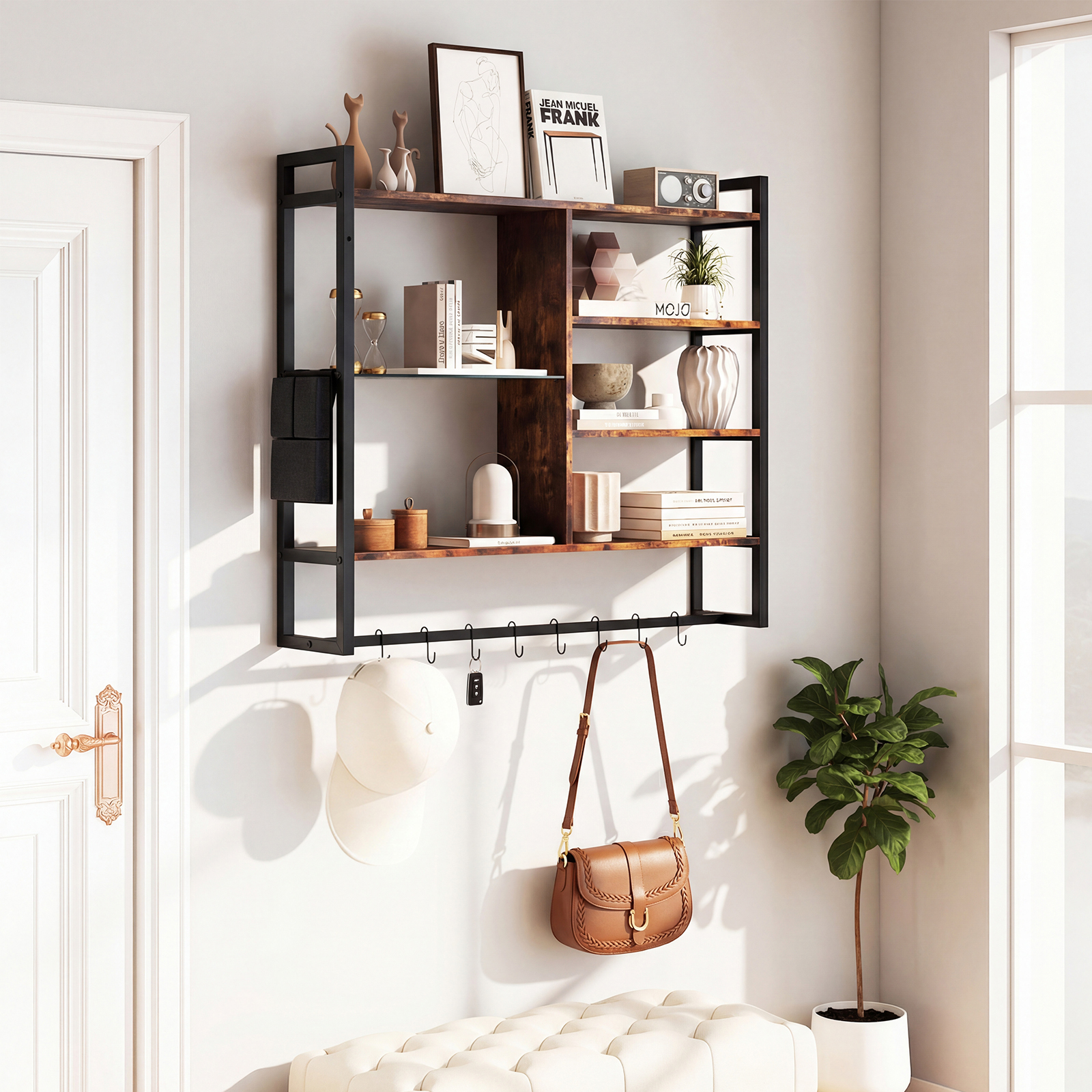 6-stöckiges schwebende Wandregal Hängeregal mit 8 S-Haken & Seitentasche 107 x 24 x 96 cm (Ohne Licht)