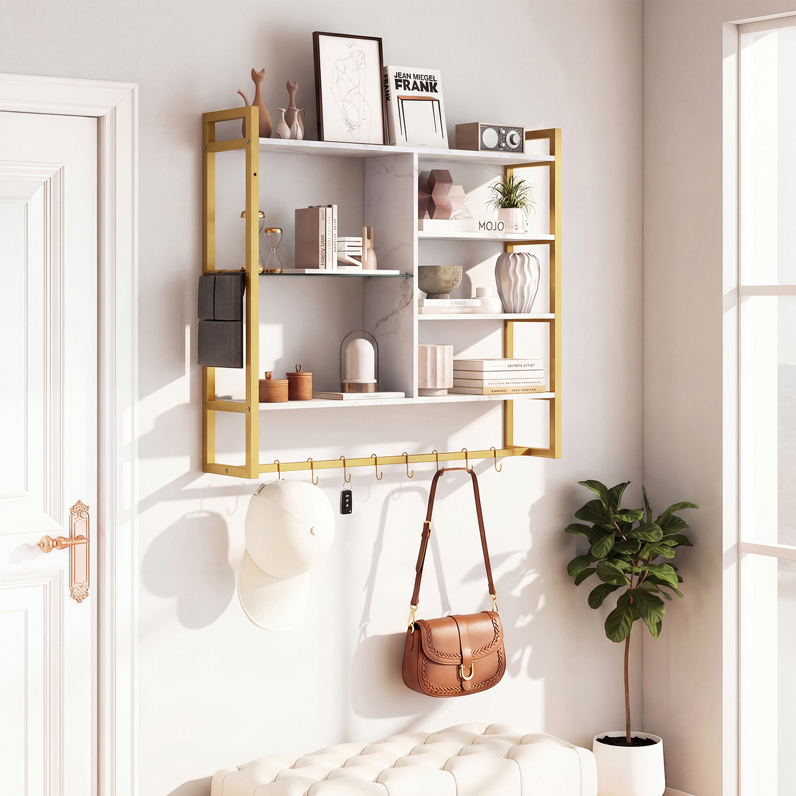 6-stöckiges schwebende Wandregal Hängeregal mit 8 S-Haken & Seitentasche 107 x 24 x 96 cm Weiß (Ohne Licht)