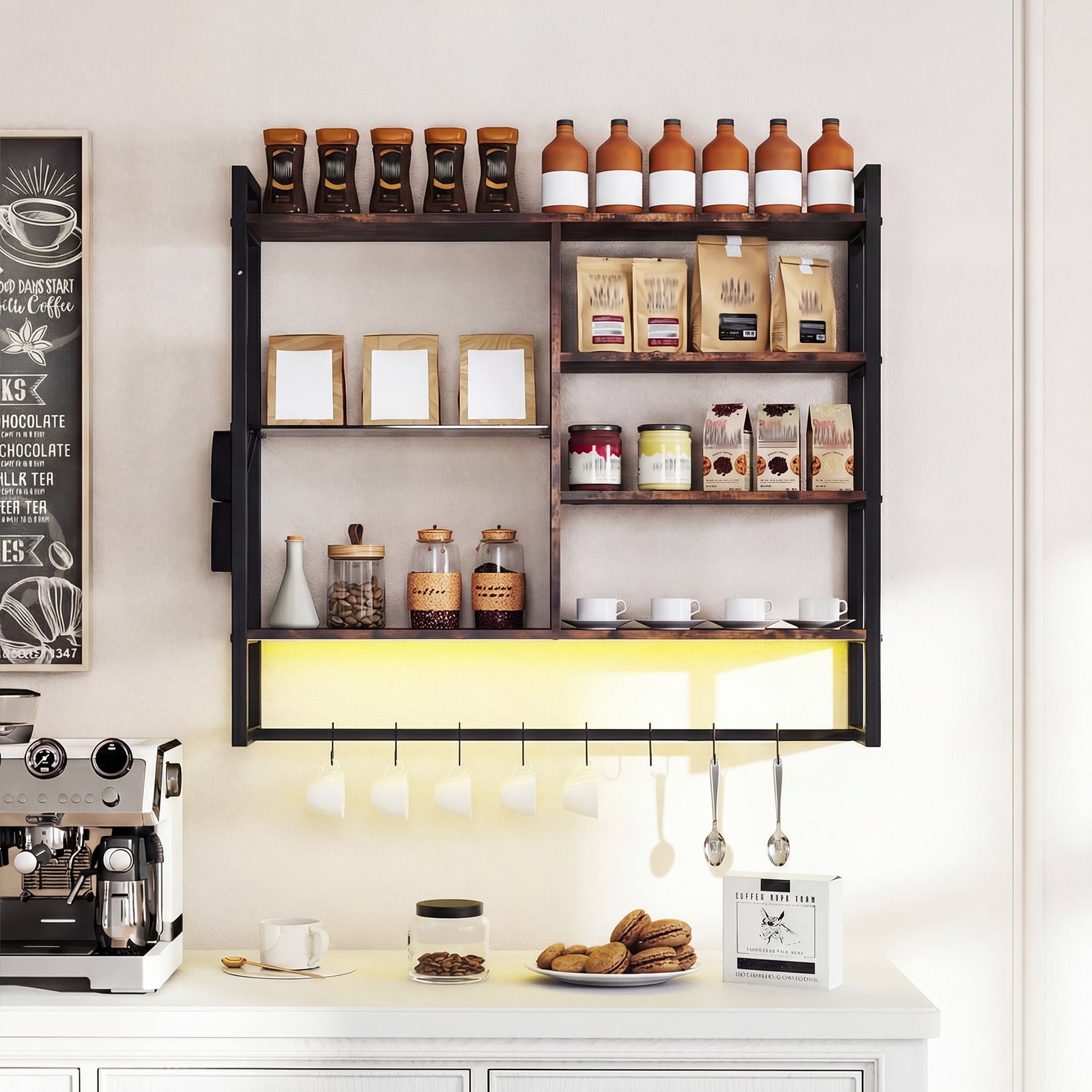 6-stöckiges schwebende Wandregal Hängeregal mit 8 S-Haken & Seitentasche mit RGB-LED 107 x 24 x 96 cm Rustikales Braun