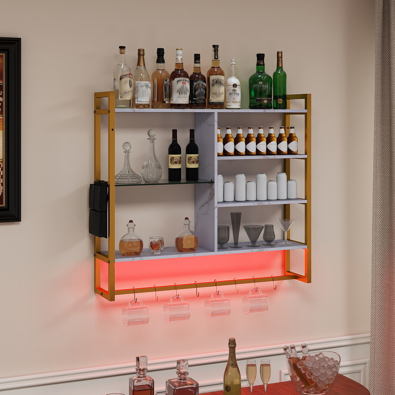 6-stöckiges schwebende Wandregal Hängeregal mit 8 S-Haken & Seitentasche Weiß mit RGB-LED 107 x 24 x 96 cm