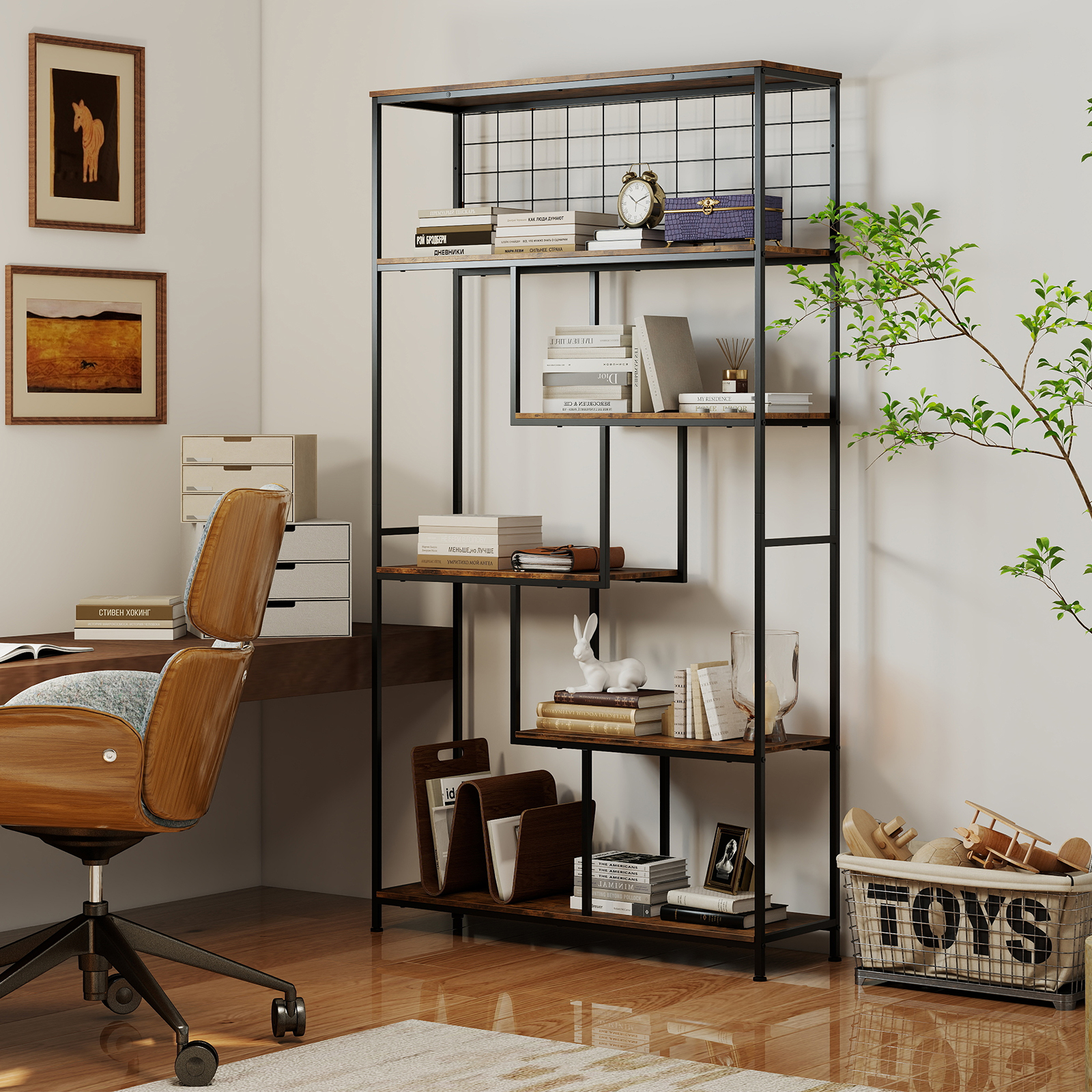 6-stufiges hohes Bücherregal freistehender Pflanzenständer mit Metallnetz geometrisches Standregal Rustikales Braun