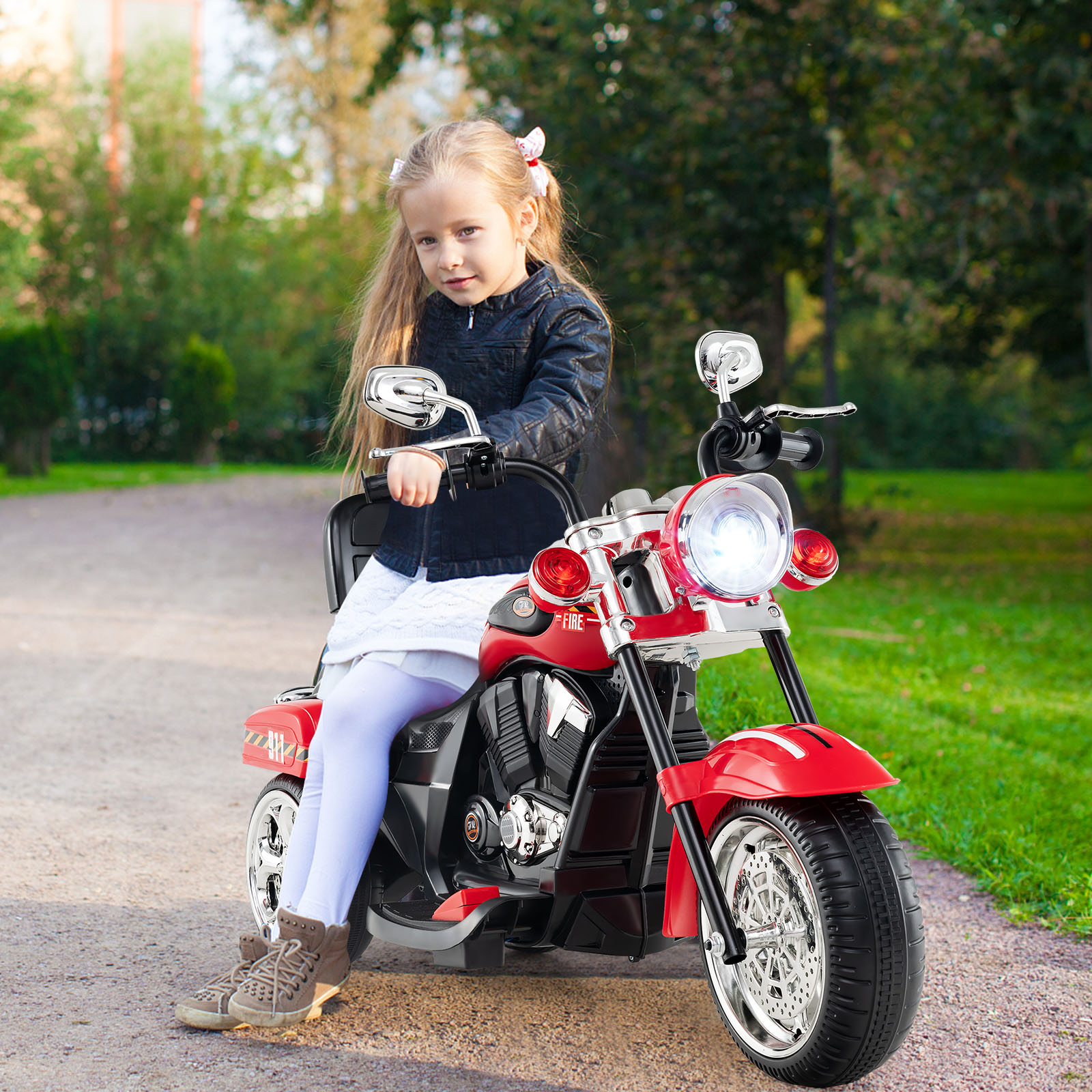 6V Kinder Elektro Motorrad mit Verstellbaren Scheinwerfer & Sound Dreirad Elektromotorrad Rot Feuerwehr