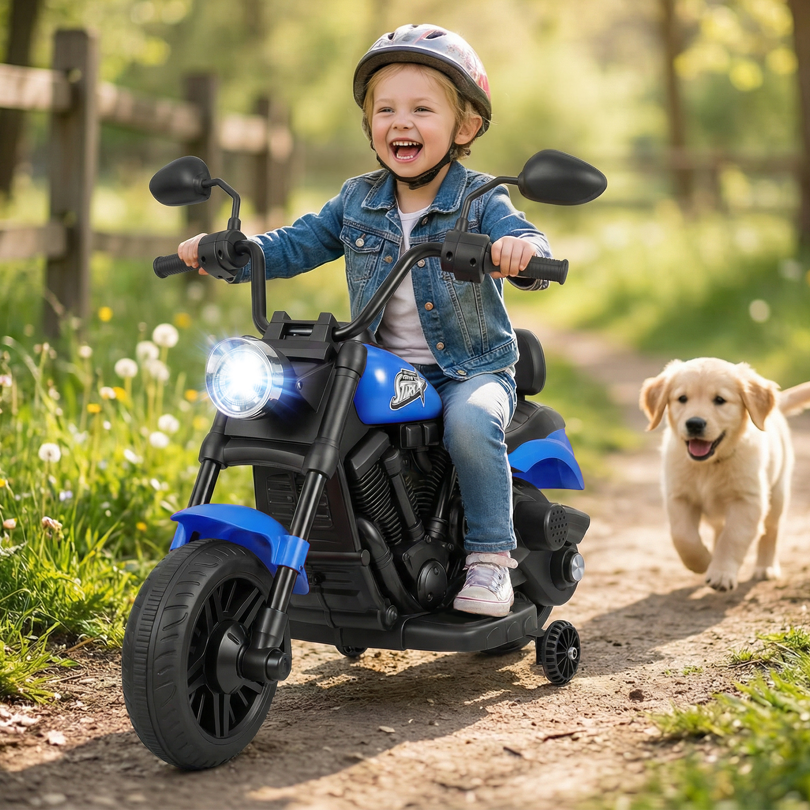 6V Kinder Motorrad Chopper-Motorrad mit Musik Scheinwerfer Fußpedal und 2 Stützrädern Marineblau