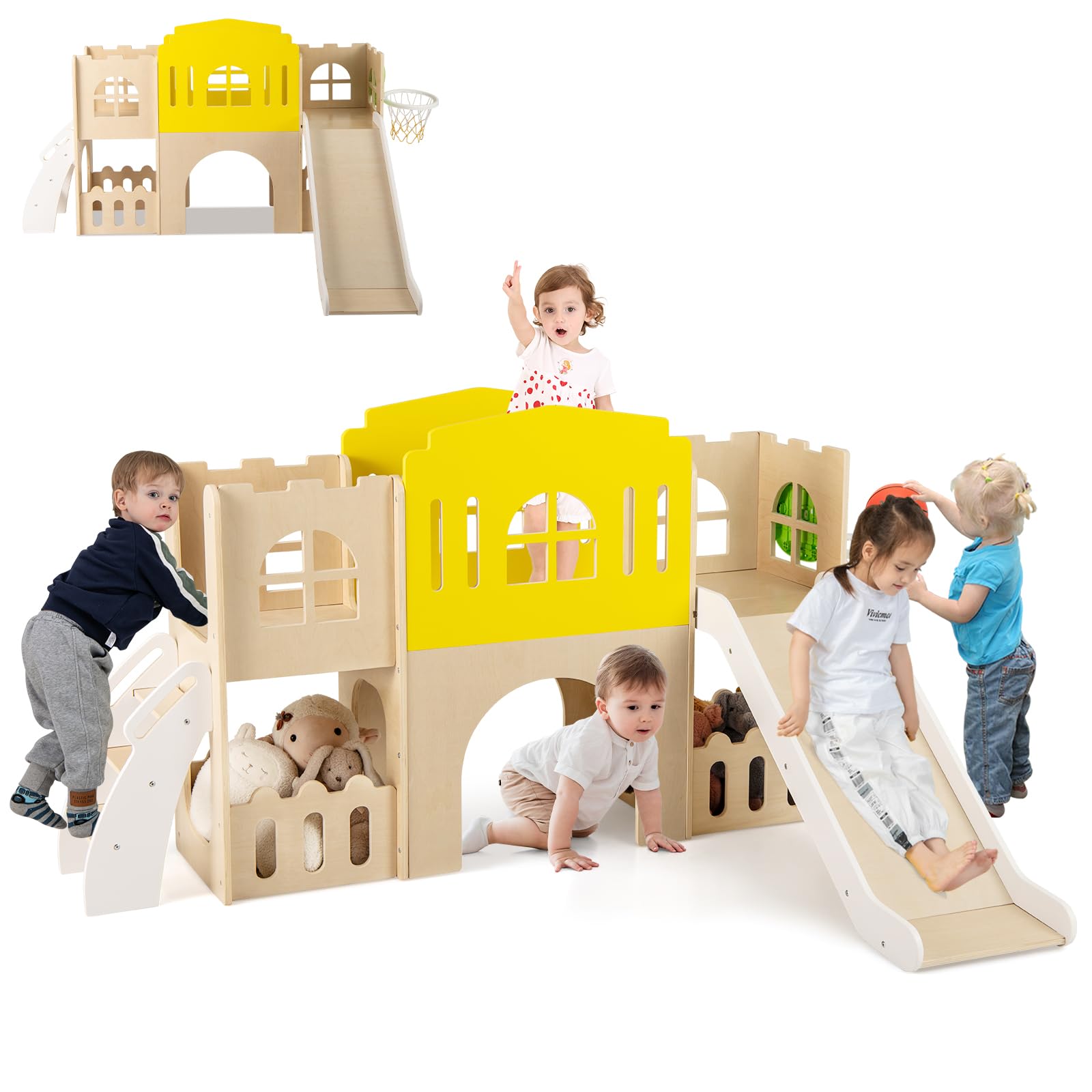 7 in 1 Kinderrutsche Indoor Kinder Rutsche mit Basketballkorb Kletterleiter mit Tunnel & Stauraum